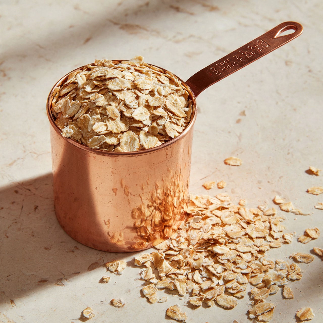 A close-up image shows a full copper measuring cup filled with light beige rolled oats that have a flat and flaky texture. The oats slightly overflow the rim, with some scattered around the white marbled surface underneath. The measuring cup handle points upwards, displaying measurement markings. The overall color palette is warm with the contrast between the copper cup, the pale oats, and the white marbled background. photo taken with an iphone --ar 4:5 --v 7