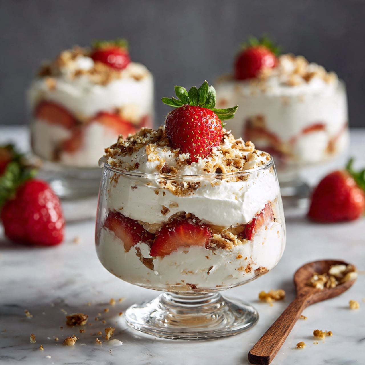 A white glass bowl filled with a layered dessert showing three main layers: the bottom layer has sliced strawberries pressed against the glass, the middle layer is thick and white whipped cream, and the top layer is more whipped cream sprinkled with small brown crumbs and pieces of strawberries. A fresh strawberry with green leaves is placed on top in the center. The bowl sits on a white marbled texture surface with scattered crumbs and strawberry pieces around it. A blurred foreground shows a woman's hand holding a wooden spoon inside the bowl, and in the background, there are two white glass bowls with desserts topped with strawberries. photo taken with an iphone --ar 4:5 --v 7