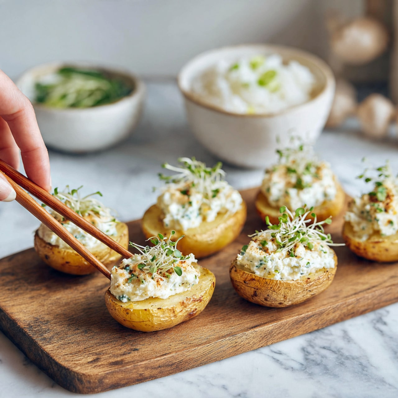 The image shows six small baked potato halves with a golden skin on a wooden board. Each potato half is filled with a creamy white mixture, likely sour cream or cheese, which has small bits of green herbs mixed in. The filling is slightly raised above the potato edges and topped with tiny green sprouts. In the background, there is a white bowl with rice and a white bowl with a green herb garnish, all set on a white marbled surface. A woman's hand holds a pair of chopsticks reaching towards one filled potato. photo taken with an iphone --ar 4:5 --v 7