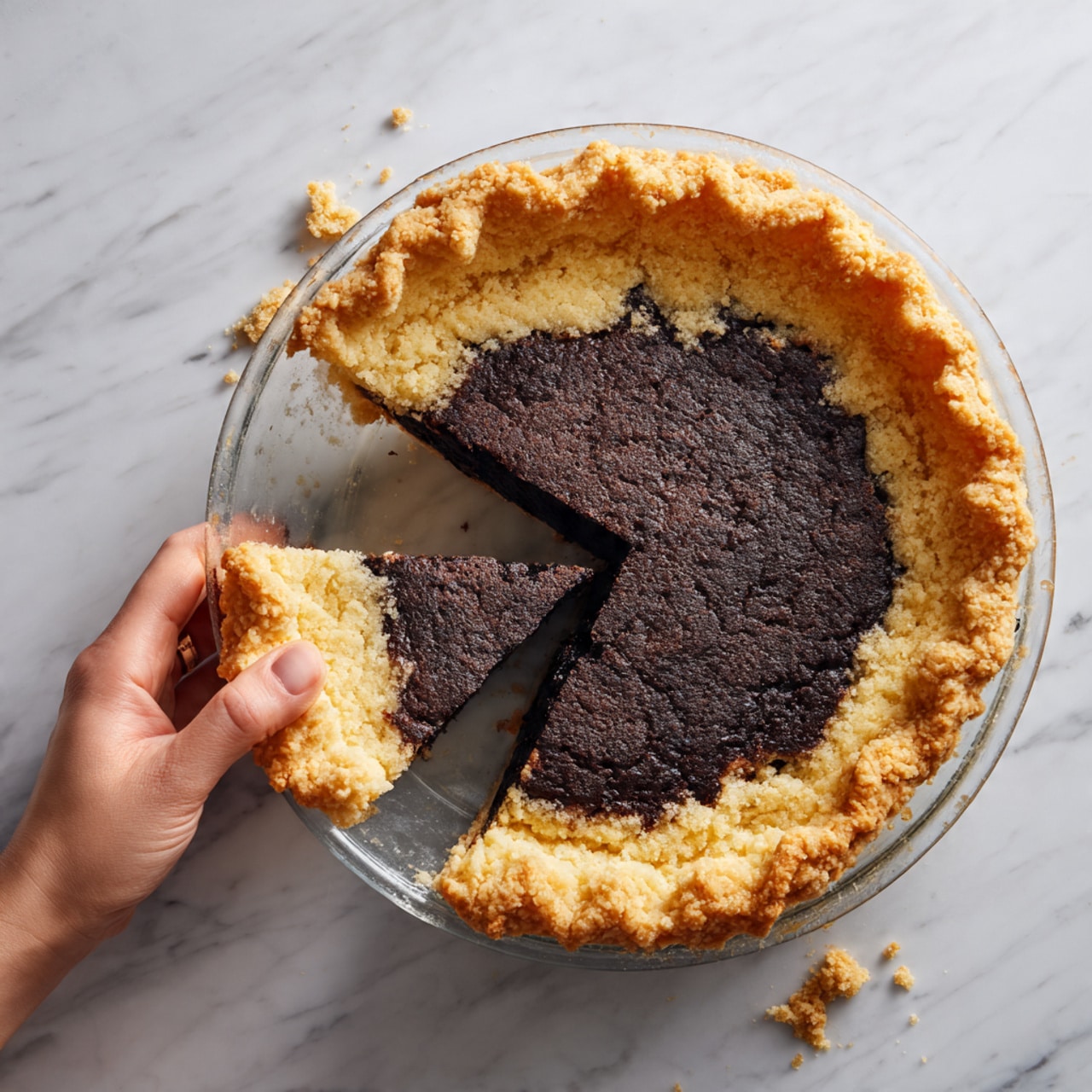 A pie with three visible layers in a clear glass pie dish is shown from above. The bottom layer is a light golden crust with a rough, crumbly texture, forming thick edges that rise around the pie. The middle layer is dark, almost black, moist and dense, filling the pie evenly. The top layer is a thin, cracked, matte dark brown surface that looks firm but slightly soft. One slice is lifted up, revealing the three layers clearly. The pie dish sits on a white marbled surface with some crumbs scattered around, and a woman's hand is holding the lifted slice. photo taken with an iphone --ar 4:5 --v 7