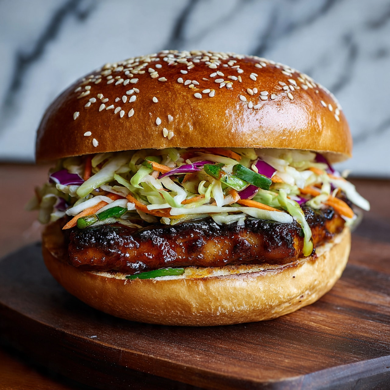 A close-up view of a sandwich with three main layers on a shiny white bun sprinkled with sesame seeds on top. The bottom bun is soft and glossy, toasted lightly on the inside. On top of it is a thick, dark grilled piece with a sauce, showing slight charring on its surface. The next layer is a colorful mix of finely sliced cabbage, including green and purple pieces, along with orange carrot strips and small green bits, all looking fresh and crunchy. The top bun is smooth and golden-brown with a shiny finish and sesame seeds scattered across. The sandwich sits on a dark wooden surface with a white marbled texture in the background. photo taken with an iphone --ar 4:5 --v 7