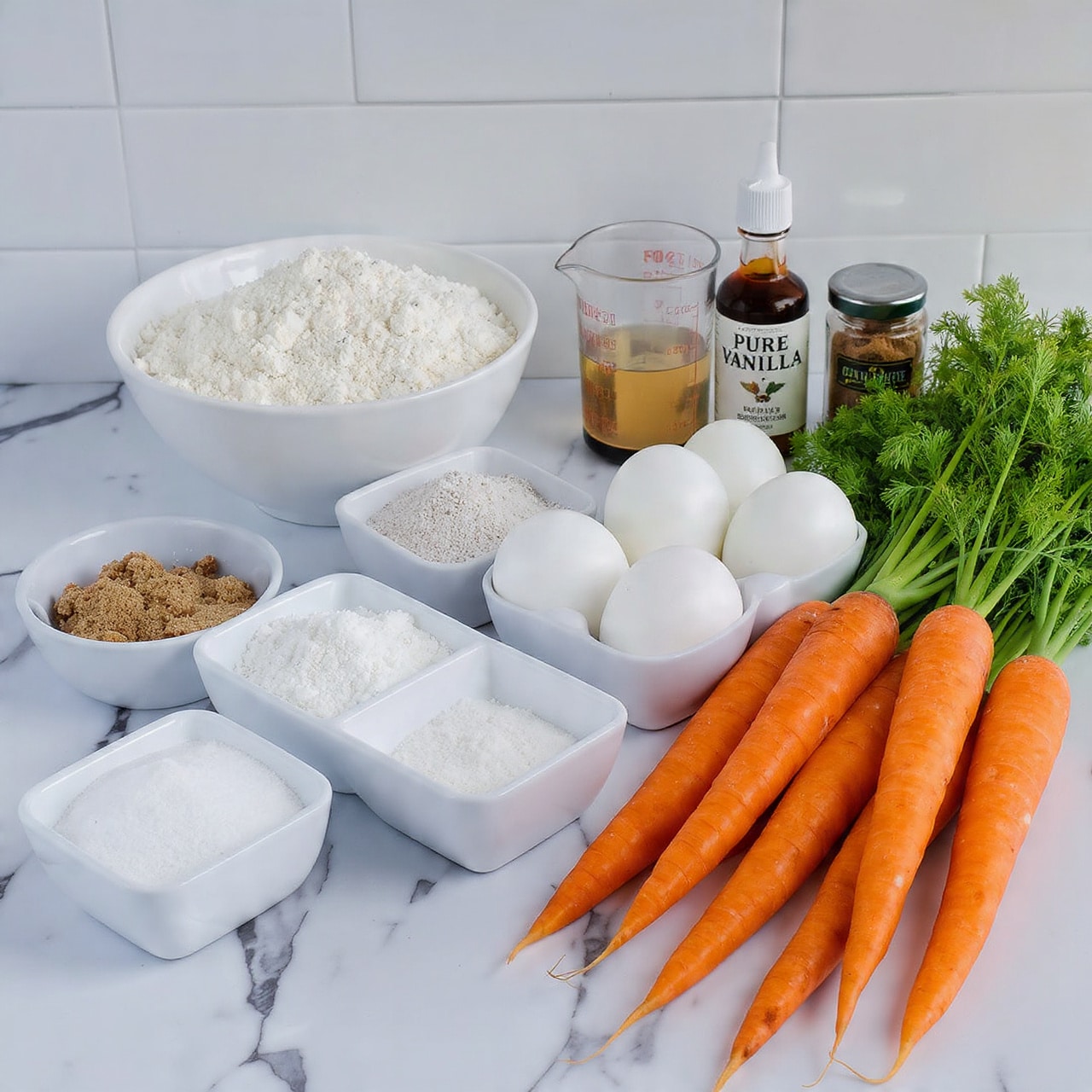 The image shows various baking ingredients arranged on a white marbled surface. At the front right, there are five whole fresh carrots with green tops. Next to the carrots, there are four white eggs lined up. Behind the eggs are three small white square bowls, each containing different white powders, likely baking soda, salt, and another ingredient. To the left, there are three round white bowls filled with brown sugar, white sugar, and pecan nuts. Behind these bowls, there is a large white bowl full of flour. In the back row, there is a clear measuring cup with liquid, a bottle labeled