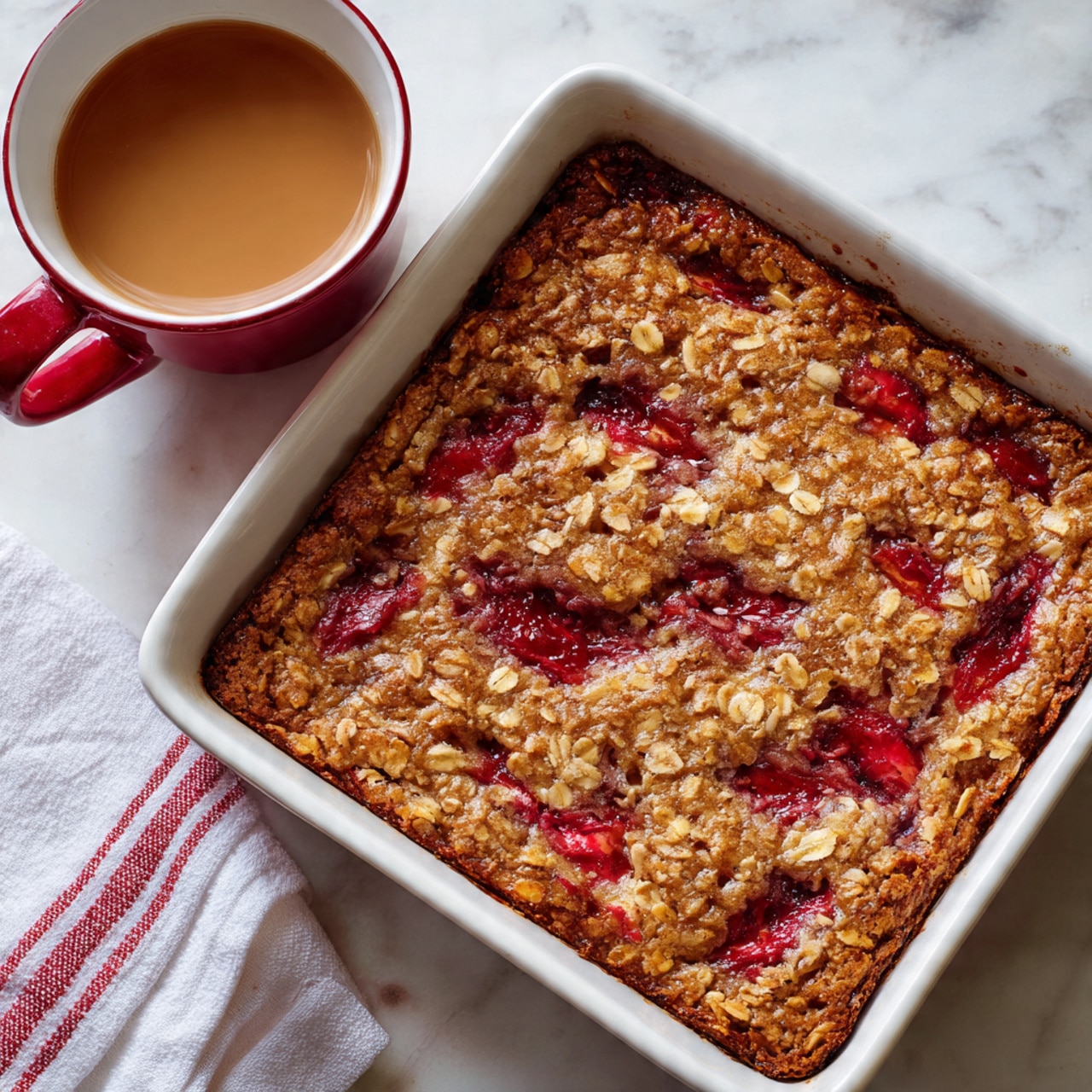 The image shows a square white baking dish filled with a thick oat-based bar that has a golden-brown color with visible oat flakes. Swirled into the top layer are irregular patches of bright red fruit filling, creating a marbled effect going across the surface. The baking dish sits on a white marbled surface next to a cup of light brown tea in a red pot with a white and red striped cloth nearby. photo taken with an iphone --ar 4:5 --v 7