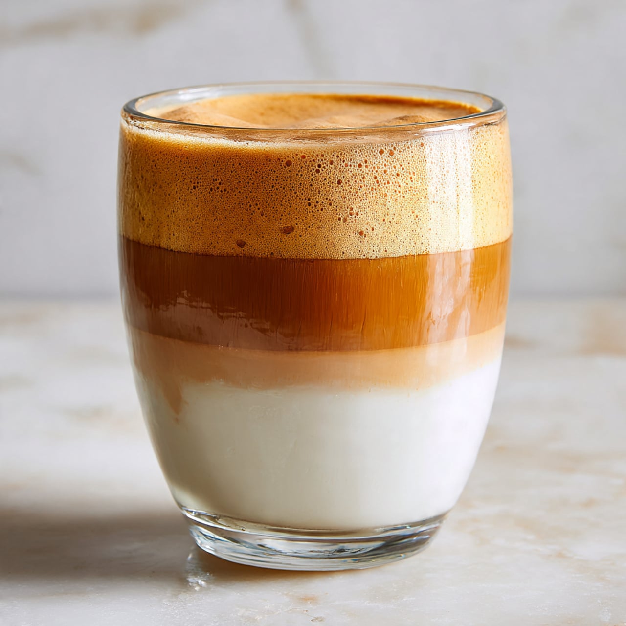 A clear glass filled with three visible layers shows a coffee drink. The bottom layer is white milk with a smooth texture, filling about two-thirds of the glass. Above the milk is a thick, frothy coffee layer with a rich, light brown color. The top layer is a whipped coffee foam, creamy and light brown, sitting neatly above the milk. The background is a white marbled surface, and the photo taken with an iphone --ar 4:5 --v 7