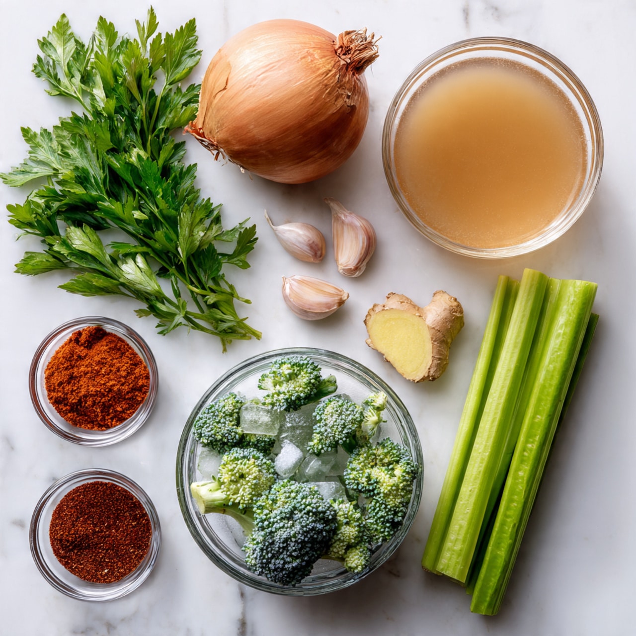 The image shows several cooking ingredients arranged on a white marbled surface. Starting from the top left, there is a bunch of fresh green parsley with leafy texture. Below it is a whole brown onion with a smooth, papery skin. To the right of the onion, there are four peeled garlic cloves in light pink and white colors. Near the garlic is a small piece of fresh ginger root with light yellow flesh and a slightly rough texture. Moving upward and to the right, a clear glass bowl filled with a light brown liquid, likely broth, sits next to another bowl holding frozen chopped green vegetables covered with frost. Below this, a glass bowl contains several large frozen broccoli florets showing icy crystals on their dark green surfaces. At the bottom left, a small clear glass bowl has three spices in powder form — orange, bright red, and brown — arranged side by side. Two green celery stalks with leaves stretch diagonally from the top right corner toward the center. photo taken with an iphone --ar 4:5 --v 7
