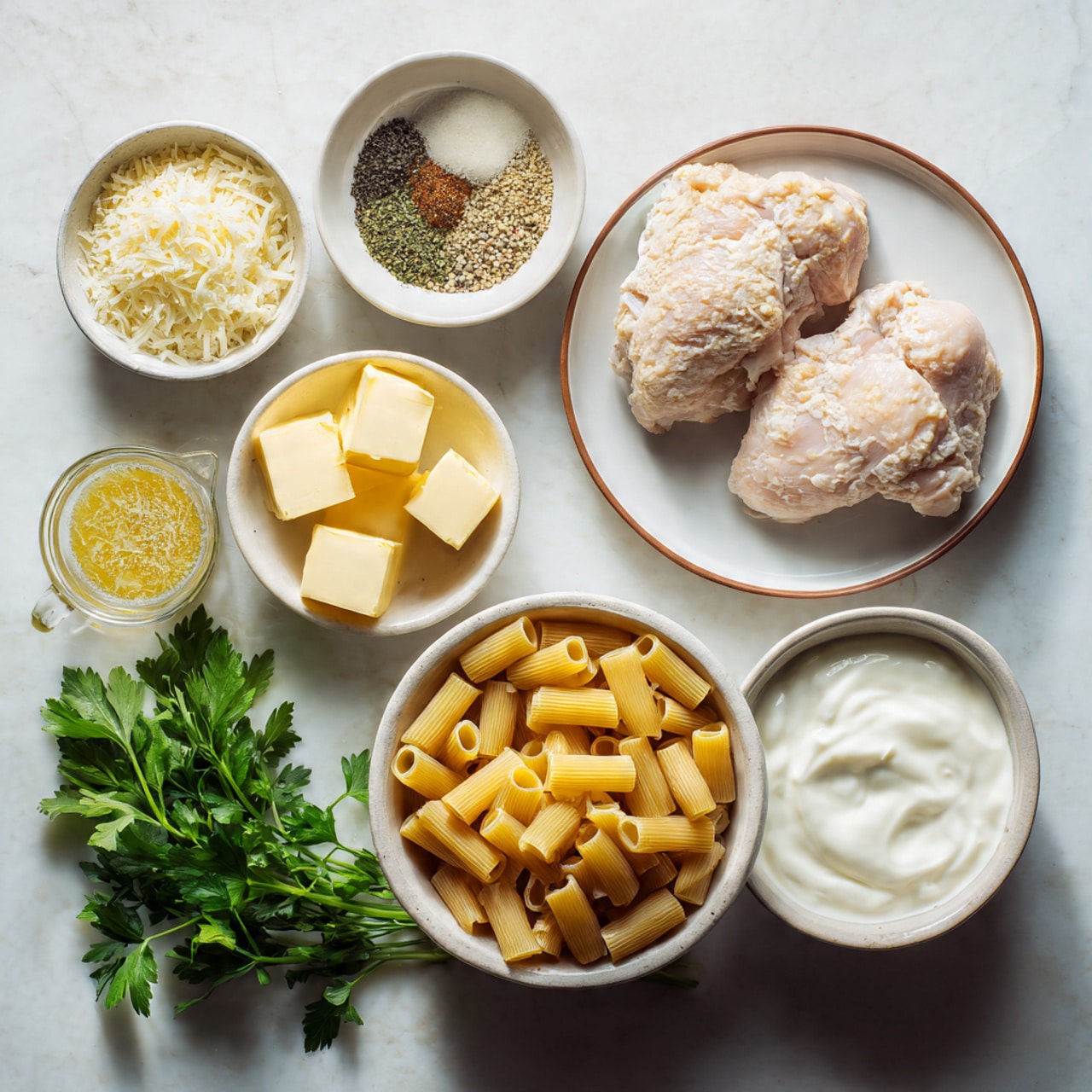 A top-down view of various cooking ingredients arranged on a white marbled surface, featuring two raw pale pink pieces of chicken on a white plate with a brown rim at the top right; next to it, a small white bowl with mixed dry spices in different colors including green, black, and light brown; below, a sprig of fresh green parsley with distinct leaves; a small white bowl filled with grated light yellow cheese; another small square white dish containing minced pale yellow garlic; a round white bowl filled with thick white sour cream; a white bowl containing uncooked rigatoni pasta in a golden yellow shade; a glass measuring cup with yellow melted butter mixed with some herbs or seasoning; a small white bowl holding three cubes of solid yellow butter; and finally, a round white bowl with smooth white heavy cream. Photo taken with an iphone --ar 4:5 --v 7