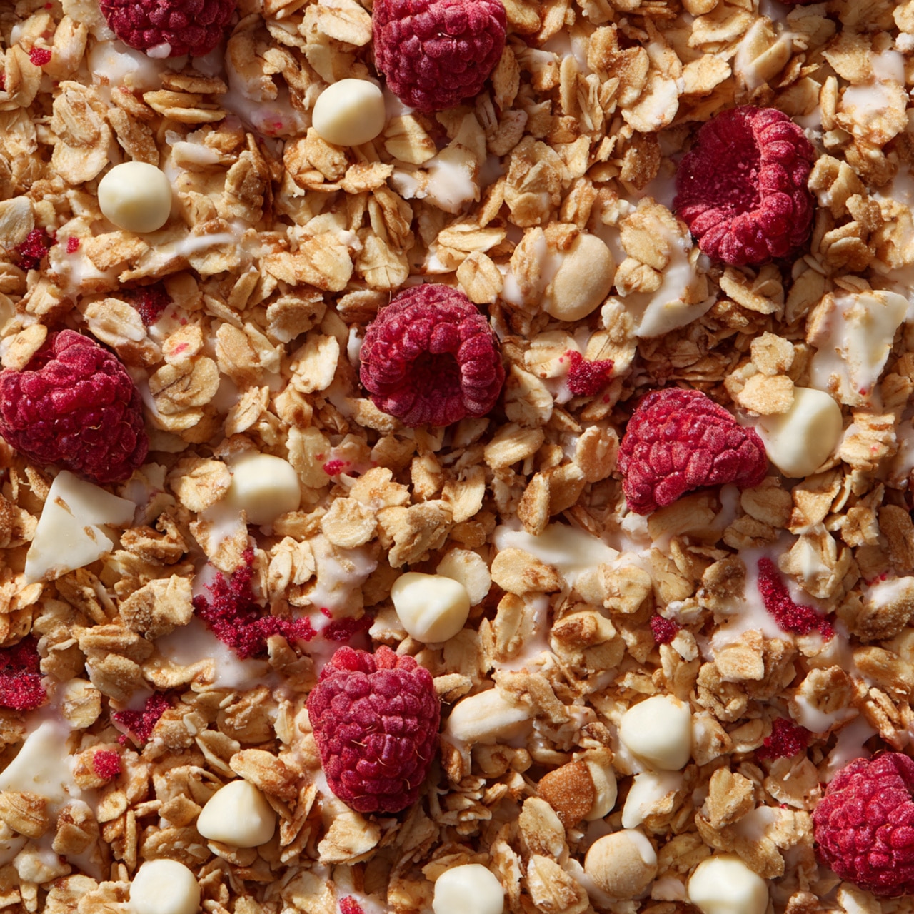 The image shows a close-up view of granola spread evenly, filling the frame. The granola consists of a mix of light brown oat flakes and nut pieces, combined with small white chocolate chips scattered throughout. There are bright red freeze-dried raspberries placed at random, adding vibrant colors and a slightly rough texture. Some clusters are slightly coated with a light white glaze that binds the ingredients together. The backdrop is a white marbled texture. photo taken with an iphone --ar 4:5 --v 7