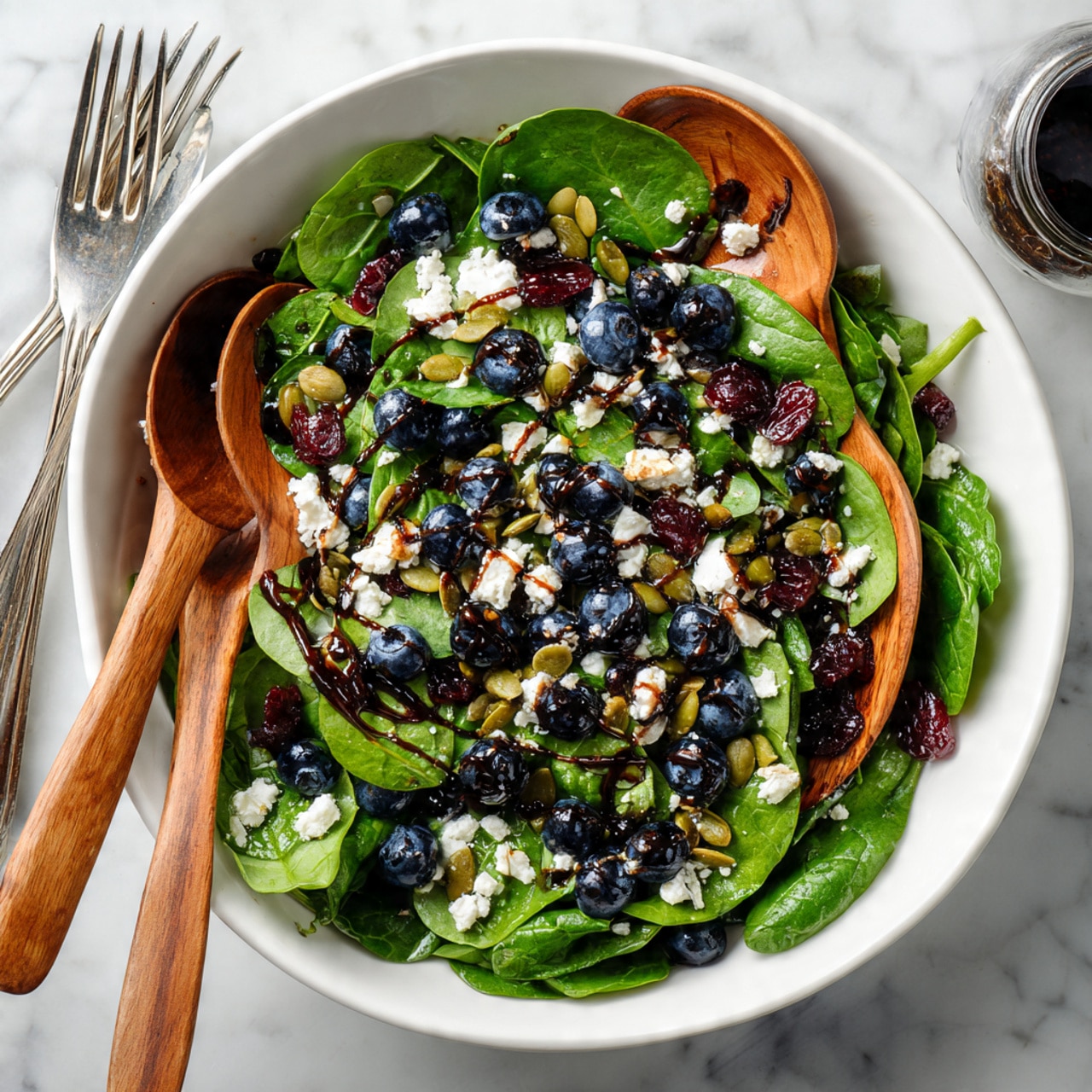 A fresh spinach salad is shown in a deep white bowl, filled with layers of dark green spinach leaves that create a textured base. Scattered evenly on top are plump, deep blue blueberries, small white crumbles of cheese, and dark red dried cranberries. Light green pumpkin seeds add a bit of crunch and contrast, all drizzled with a shiny dark balsamic glaze. Two wooden salad spoons rest inside the bowl, partially buried under the salad. The bowl sits on a white marbled surface with two forks visible to the left and a small jar of dressing near the top. photo taken with an iphone --ar 4:5 --v 7
