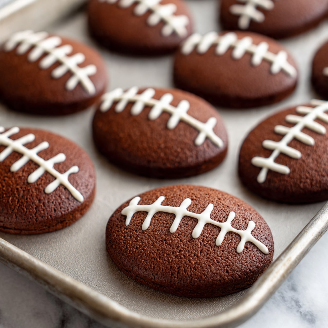 The image shows a baking tray filled with rows of small, round, dark brown cookies decorated to look like footballs. Each cookie has white icing details resembling the football laces and stitching across the middle. The cookies have a smooth texture with slightly raised white lines on top, neatly arranged in even rows on a silver metallic tray. The background is a white marbled surface. photo taken with an iphone --ar 4:5 --v 7