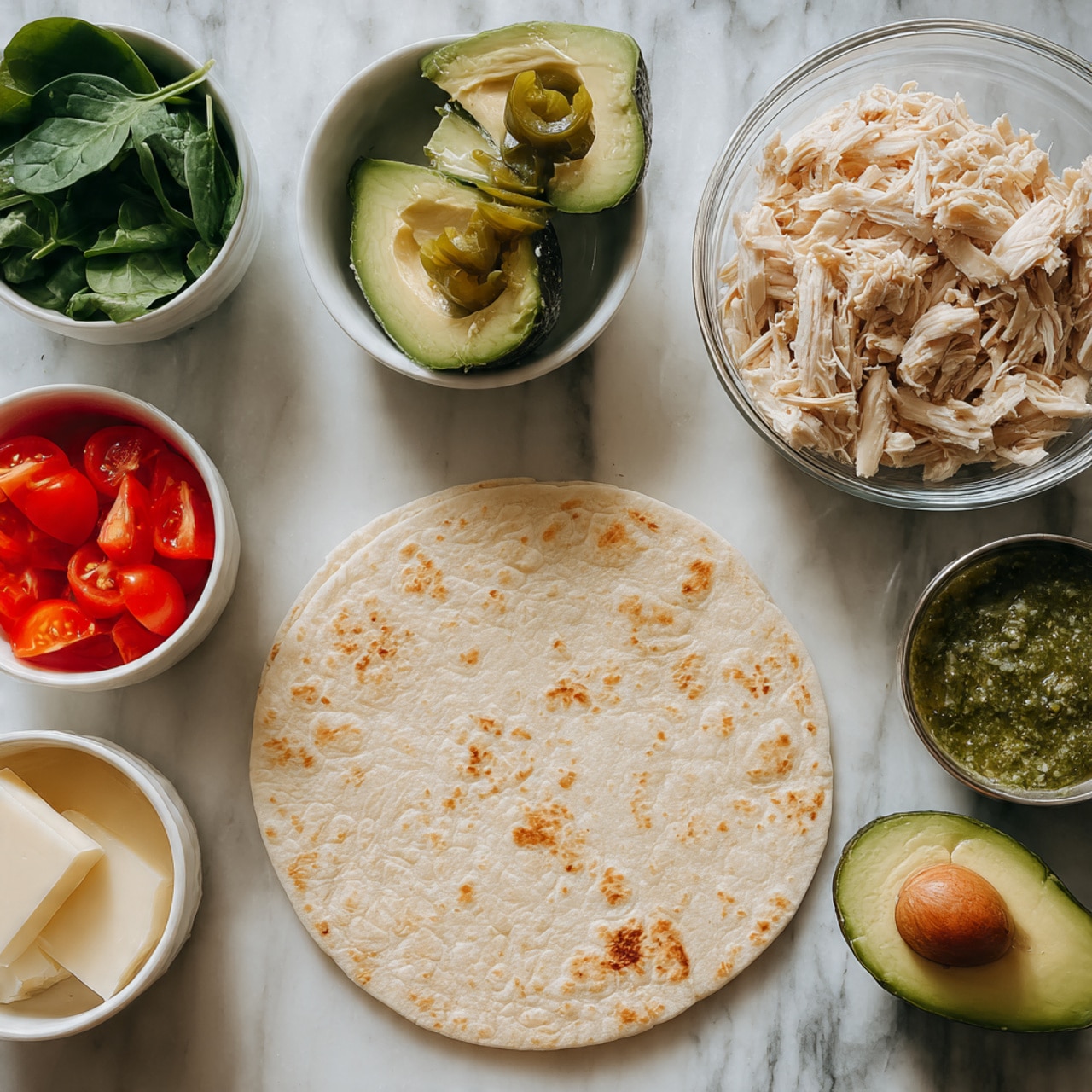 The image shows ingredients laid out on a white marbled surface for making a wrap or sandwich. On the right side, there is a round tortilla flatbread with a light brown, slightly toasted texture. Surrounding the tortilla, several small bowls and a half avocado are placed: a clear glass bowl with shredded light beige chicken at the top, a white bowl with several bright green spinach leaves to the left, a small metal bowl with chopped green pickled peppers near the center, a white bowl with three red tomato slices at the bottom left, a clear small bowl containing a green pesto sauce just below the tortilla, and a clear glass bowl with two round slices of white cheese at the bottom center. At the bottom right, there is half a green avocado with its dark brown seed visible. Photo taken with an iphone --ar 4:5 --v 7