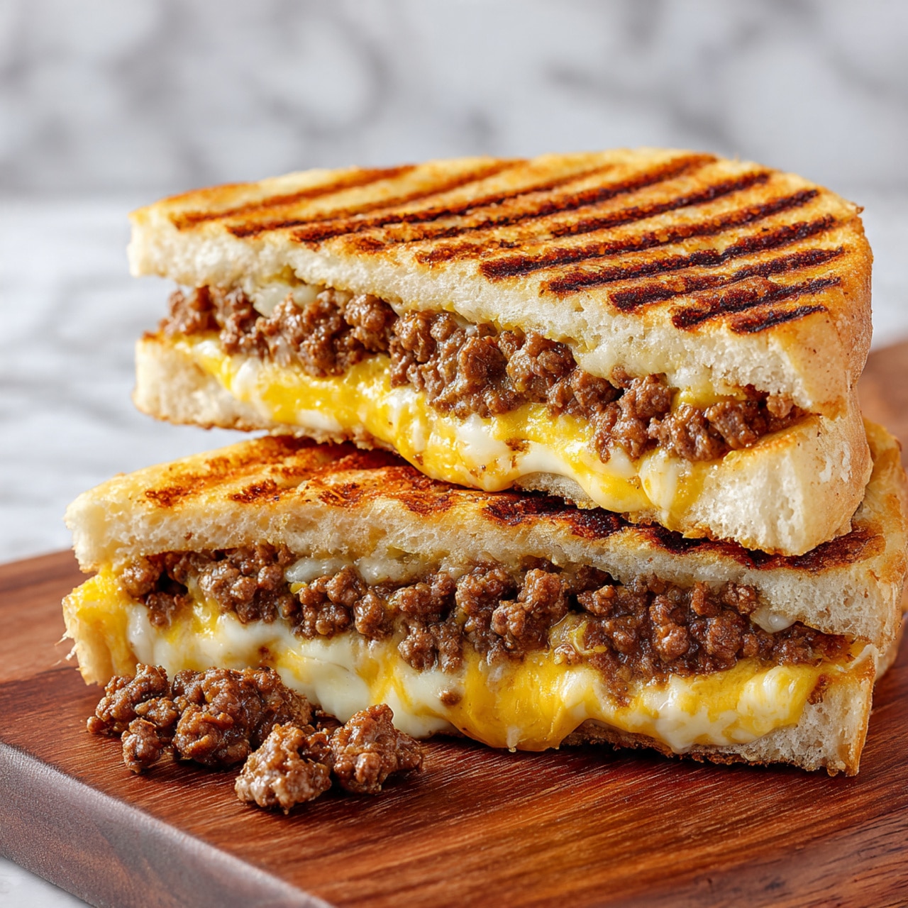 The image shows a close-up of a grilled sandwich with two thick layers of toasted white bread that have golden brown grill marks. Inside, the sandwich is filled with a moist, crumbly layer of cooked ground meat mixed with melted yellow cheese that looks soft and creamy. The sandwich is cut in half to show the filling clearly, and some filling has spilled out onto a brown wooden surface beneath it. The background is a white marbled texture. Photo taken with an iphone --ar 4:5 --v 7