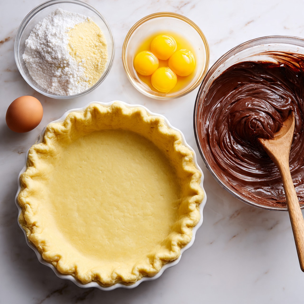 A white pie dish filled with an unbaked, smooth light yellow pie crust, its edges crimped with even waves; nearby, a glass bowl on a white marbled surface holds white and light brown sugar side by side, showing a clear division. Another glass bowl contains two bright yellow egg yolks on top of a light brown sugar mixture. Next, an electric mixer beats together a creamy, pale light brown mixture in a glass bowl. A wooden spoon stirs a glossy, rich dark brown chocolate batter inside yet another glass bowl. Finally, the dark brown chocolate batter is poured smoothly into the unbaked pie crust on the white marbled surface. Photo taken with an iphone --ar 4:5 --v 7