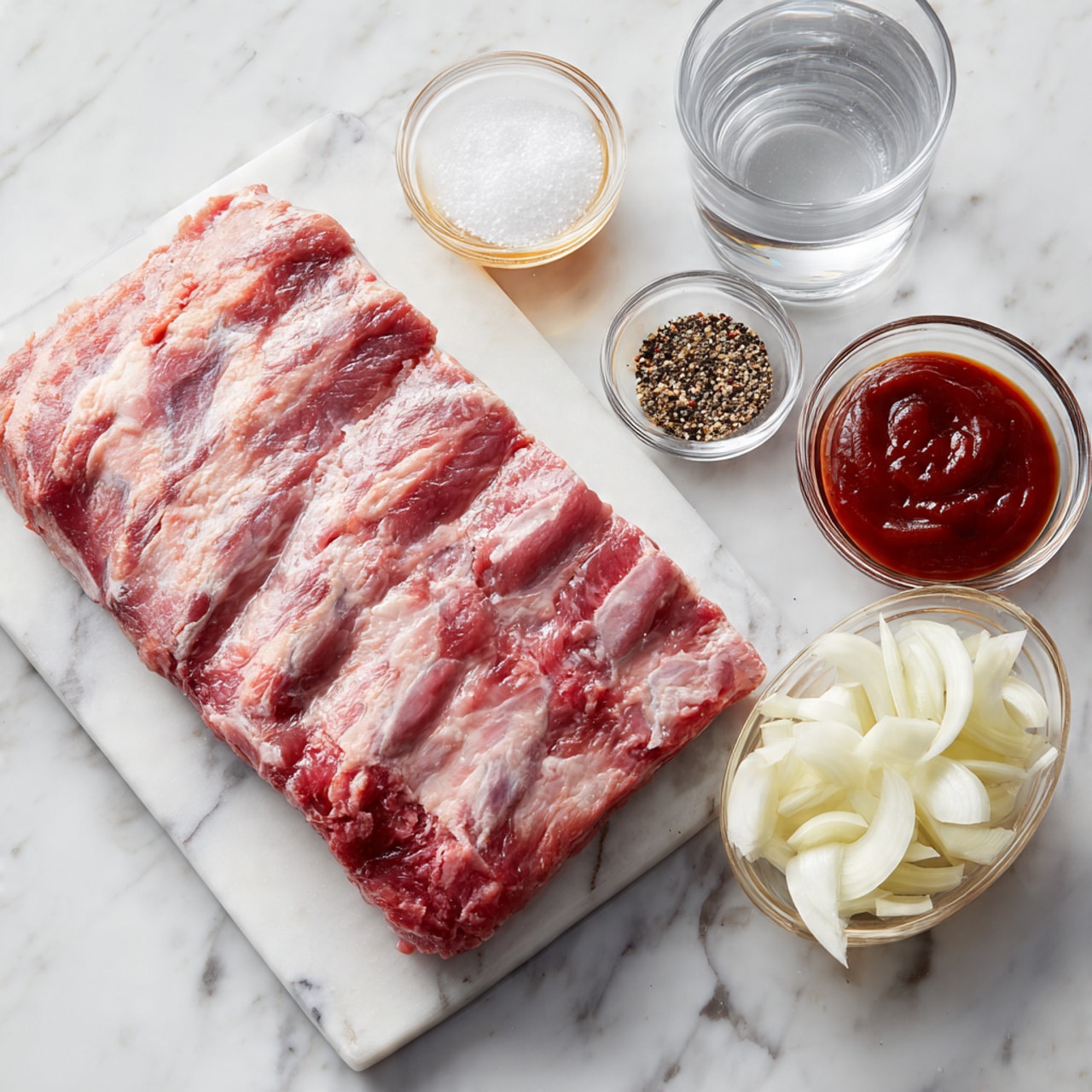 A large slab of raw pork ribs with visible pink and white marbling rests on a white cutting board placed on a white marbled surface. To the right of the ribs, there are four small glass containers: one with sliced white onions, one with minced garlic, one with a red barbecue sauce, and one with clear water. Above these, a small glass bowl holds a mix of white salt and black pepper. The scene is brightly lit, highlighting the fresh ingredients and clean setup, photo taken with an iphone --ar 4:5 --v 7
