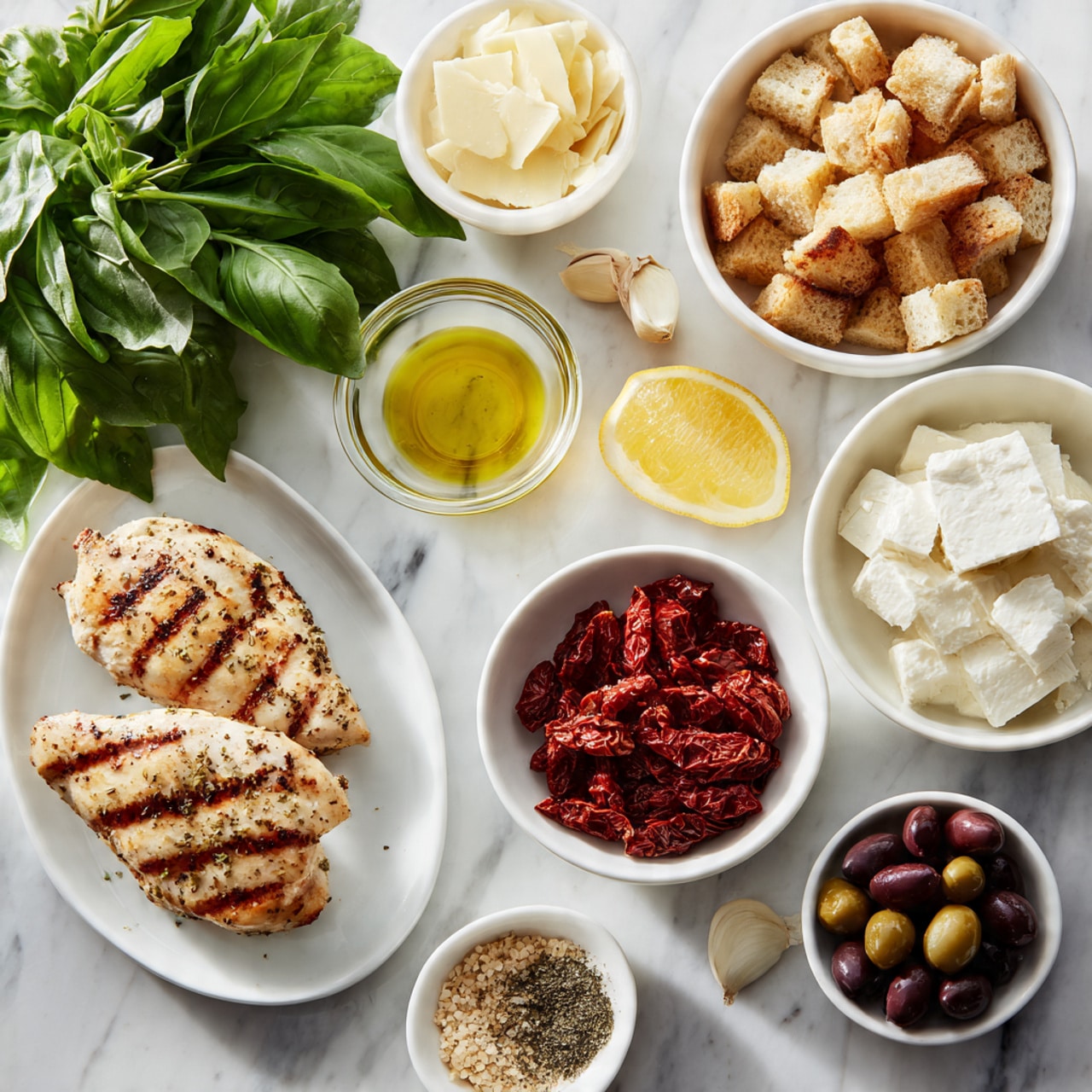 The image shows several white bowls and plates arranged neatly on a white marbled surface, each holding different ingredients. At the bottom left, two grilled chicken pieces with grill marks rest on a white plate. Next to them are a small white plate with garlic cloves and ground spices. Above the chicken, a small bowl contains a clear yellow liquid, possibly broth, and next to it a lemon half with bright yellow skin. To the right, a white bowl filled with creamy white cheese sits near a bowl of dark olives. Above the olives is a bowl of red sun-dried tomatoes. To the top left, a large bunch of fresh green basil leaves is placed beside a bowl filled with golden-brown croutons. Other small bowls hold light grains, olive oil, and leafy greens in a white bowl, all set against the clean white marbled background. photo taken with an iphone --ar 4:5 --v 7