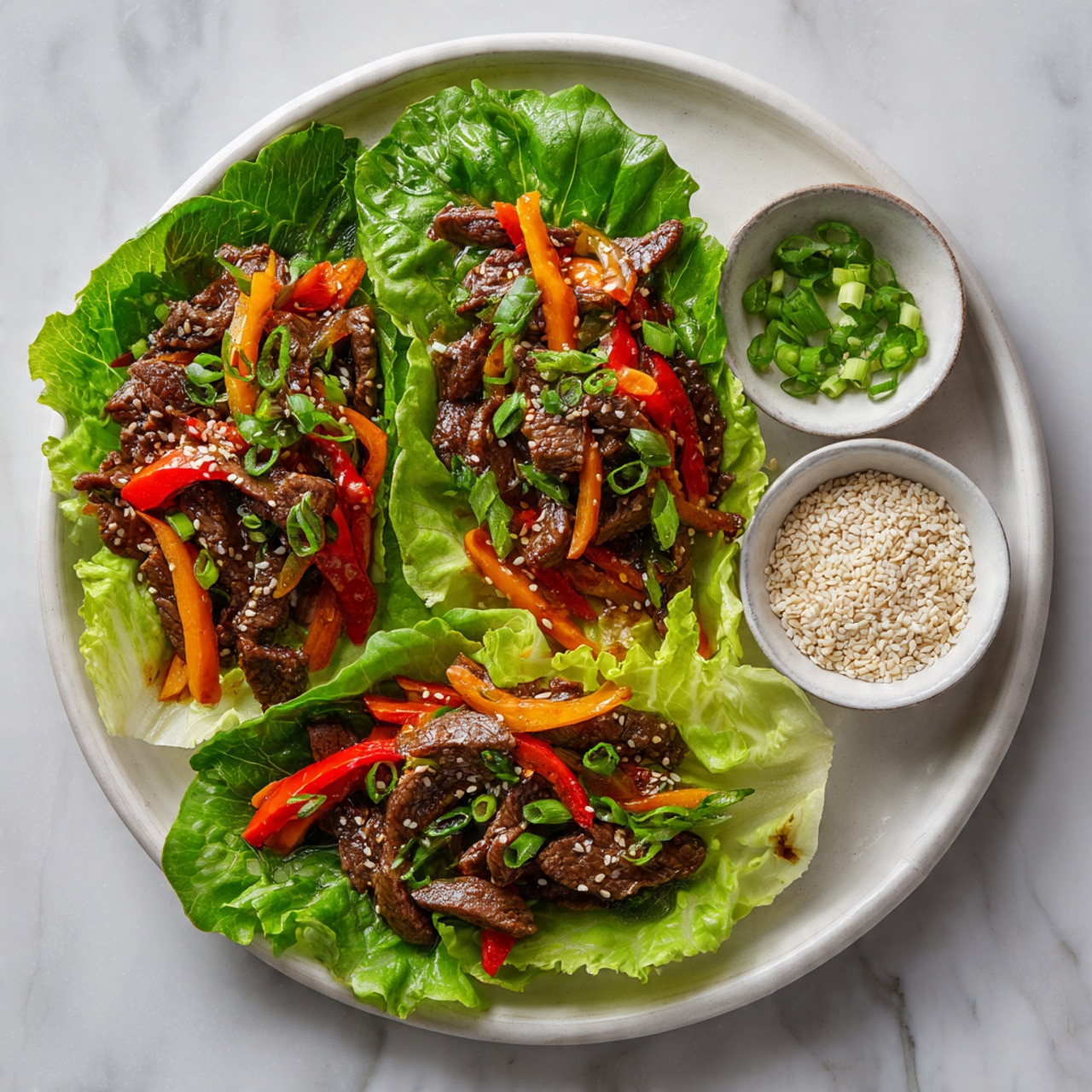 The image shows a round white plate on a white marbled surface holding three large bright green lettuce leaves arranged in a triangle. On each leaf, there is a pile of cooked beef strips mixed with small pieces of red and orange bell peppers. Near the top right side of the plate, there is a small round bowl filled with white sesame seeds. Below it, a small bowl contains chopped green onions. The colors are rich and fresh with the dark brown beef contrasting against the vivid greens and reds. The light highlights the moist texture of the beef and the crispness of the lettuce. photo taken with an iphone --ar 4:5 --v 7