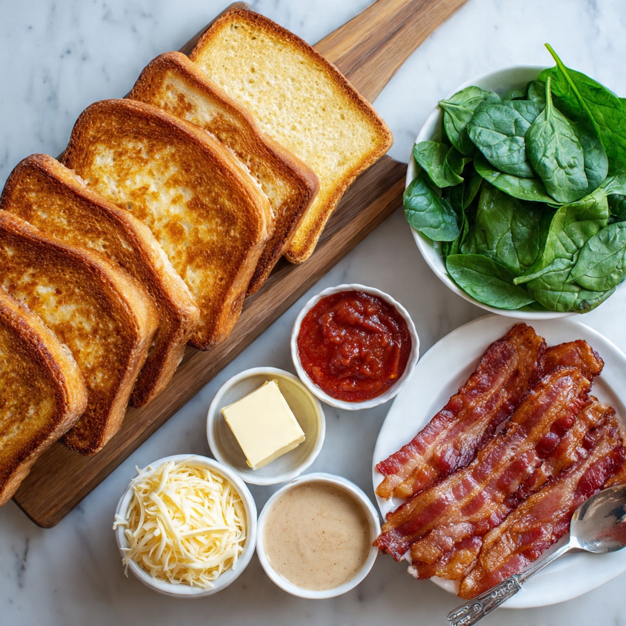 The image shows a wooden board with sliced bread, where the slices are golden brown with a crispy crust and soft inside. Next to it, there is a small white bowl with a cube of butter. Below, on a white marbled surface, there are four small white bowls arranged closely: one with fresh green spinach leaves, one with red sauce, one with a creamy beige spread, and one with shredded cheese. To the right, a white plate has several pieces of cooked bacon stacked neatly with a shiny, crispy texture. A woman's hand holding a spoon is near the bowls. Photo taken with an iphone --ar 4:5 --v 7