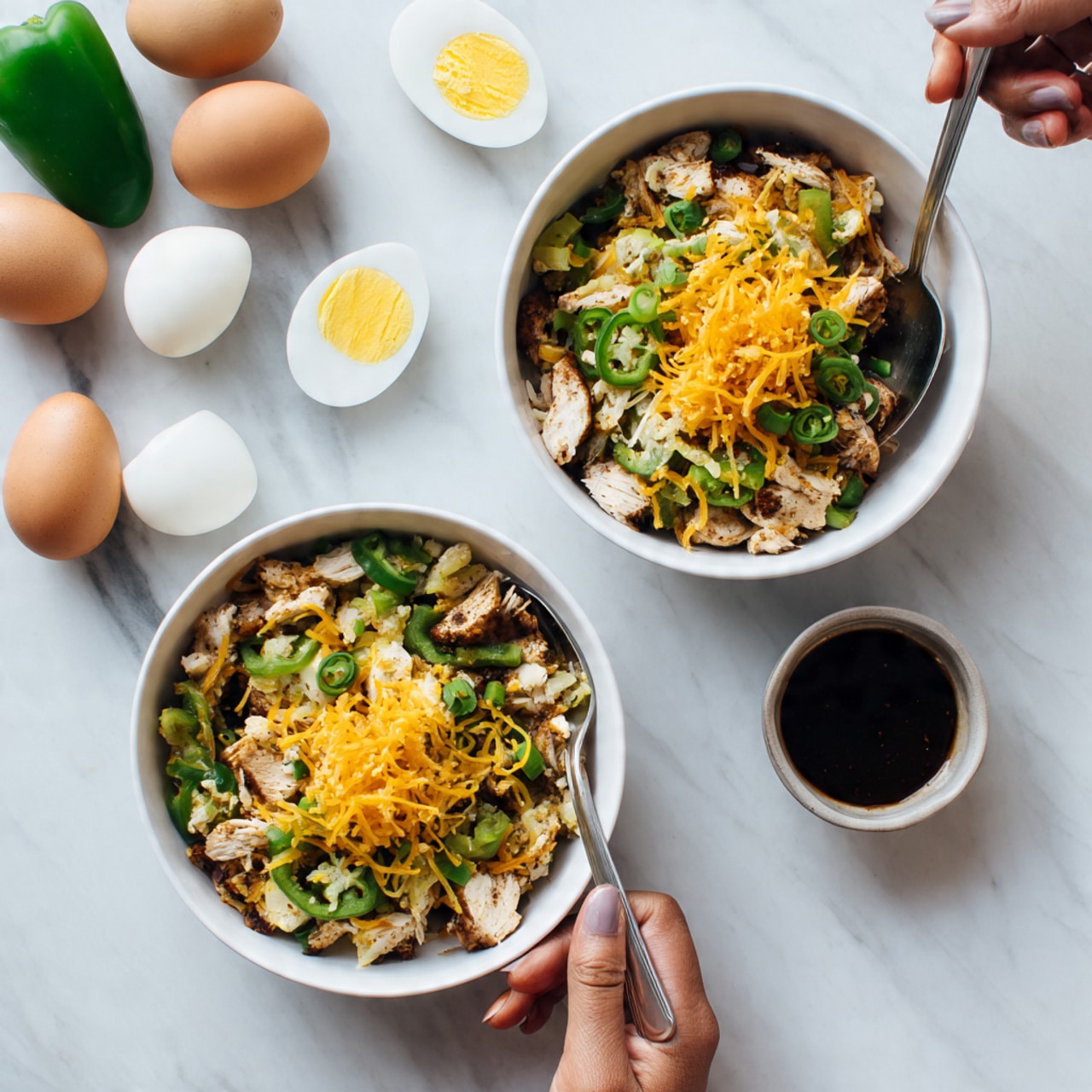 Two white bowls filled with a colorful dish sit side by side on a white marbled surface. Each bowl holds a mix of small pieces of light brown cooked chicken, bright green bell pepper slices, and soft orange shredded cheese on top. A spoon rests beside each bowl with a woman's hand reaching from the top left corner. Around the bowls are raw brown eggs and a green bell pepper. Next to the bowls is a small container of dark sauce. The overall image shows layers of cooked chicken, green pepper, and shredded cheese in simple white bowls. photo taken with an iphone --ar 4:5 --v 7