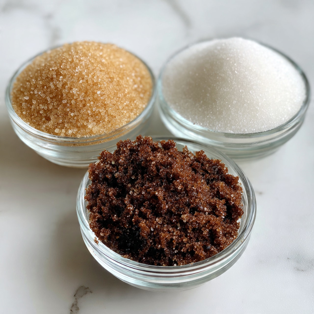 Three small clear glass bowls sit on a white marbled surface. The left bowl holds light brown sugar with a fine, grainy texture. The right bowl contains white granulated sugar that looks smooth and bright. The front bowl is filled with dark brown, crumbly brown sugar. photo taken with an iphone --ar 4:5 --v 7