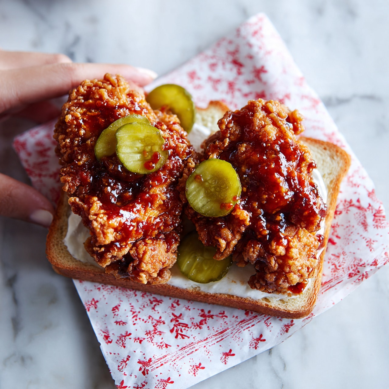 The image shows two pieces of crispy fried chicken covered in shiny reddish-brown sauce placed on a white square piece of bread. Around the chicken, there are small green pickle slices scattered on white and red printed paper that lines a white marbled surface. A woman's hand is holding the top left corner of the paper gently. The colors are warm and inviting with the crispy chicken texture standing out against the soft bread and smooth pickles. photo taken with an iphone --ar 4:5 --v 7