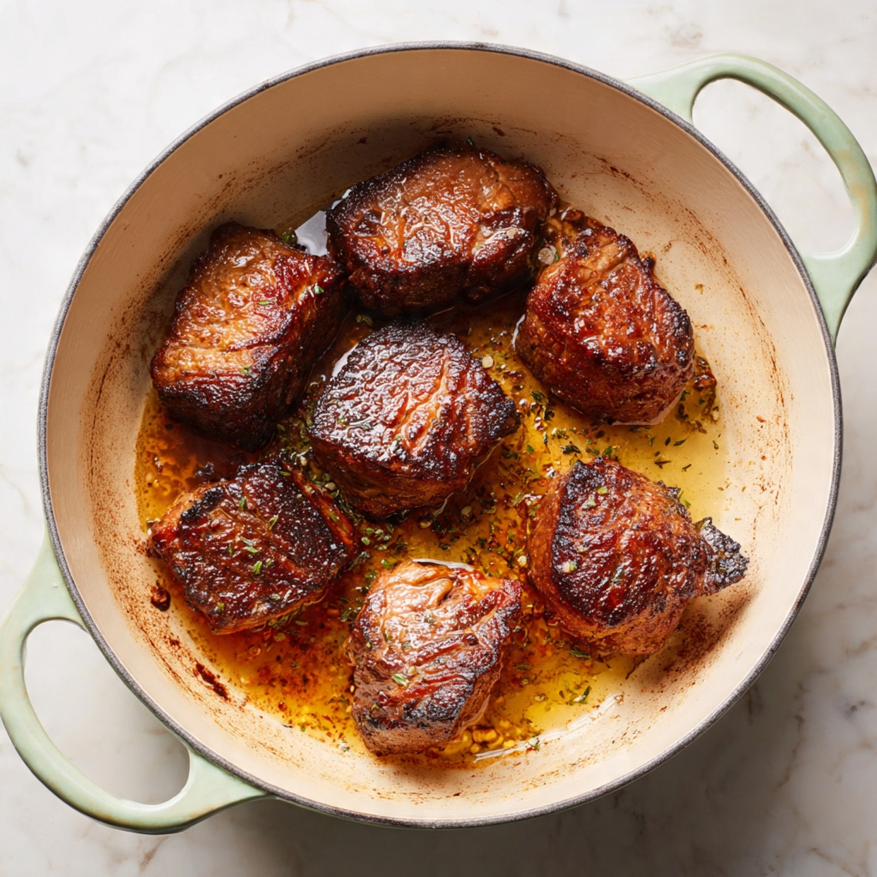 Seven pieces of browned meat with a crispy dark brown outer layer are cooking in a large white pot with pale green handles. The pieces are spread out evenly across the light tan inside of the pot, which shows some cooked residue and oil stains beneath them. The pot sits on a white marbled surface that adds a clean and bright background to the scene. The meat pieces vary in size, with textured seared edges and a rich caramelized color contrast. photo taken with an iphone --ar 4:5 --v 7