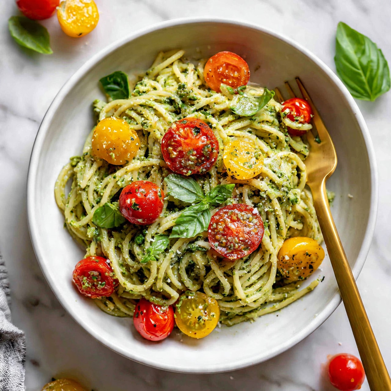 The image shows a white bowl filled with spaghetti coated in a creamy green pesto sauce, with a smooth and slightly chunky texture. On top of the pasta, there are several bright red cherry tomatoes, some whole and some slightly softened, adding a fresh and vibrant touch. A few fresh green basil leaves are scattered on the dish, enhancing the color contrast. A gold fork rests on the edge of the bowl, placed on a white marbled surface. Around the bowl, there are more cherry tomatoes and basil leaves casually placed, creating a fresh and inviting look. photo taken with an iphone --ar 4:5 --v 7