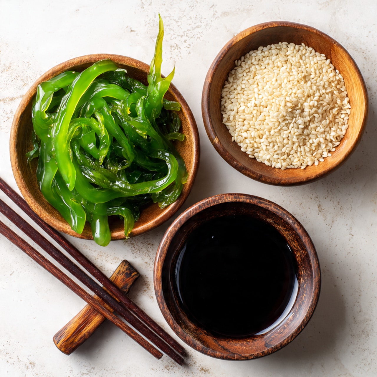 Three small wooden bowls sit on a white marbled surface. One bowl holds bright green, shiny seaweed strips with a slippery texture. The second bowl is filled with small, oval, off-white sesame seeds that have a dry, rough look. The third bowl contains a dark, glossy liquid, likely soy sauce, with a smooth surface that reflects light. Next to the bowls, a pair of dark brown wooden chopsticks rests on a small wooden chopstick holder. Photo taken with an iphone --ar 4:5 --v 7