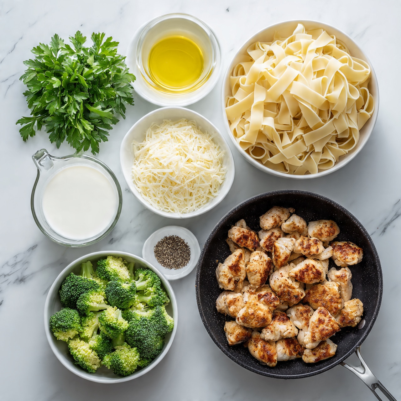 The image shows several ingredients and cooked pieces of food arranged on a white marbled surface. In the lower right corner, there is a black pan with browned, cooked chicken pieces scattered inside. Above the pan, there is a white bowl filled with uncooked wide pasta strips. To the left of this bowl, there is a small white bowl with a clear yellow liquid, likely oil. Next to it, there is a bunch of fresh green parsley. Below these, there is a glass of white cream or milk on the left, and a small white bowl with grated cheese to the right of the glass. In the bottom left corner, there is a white bowl filled with bright green broccoli florets. In the center, between the glass and pasta bowl, there is a small white bowl with ground black pepper. The whole setup looks fresh and ready for cooking. photo taken with an iphone --ar 4:5 --v 7
