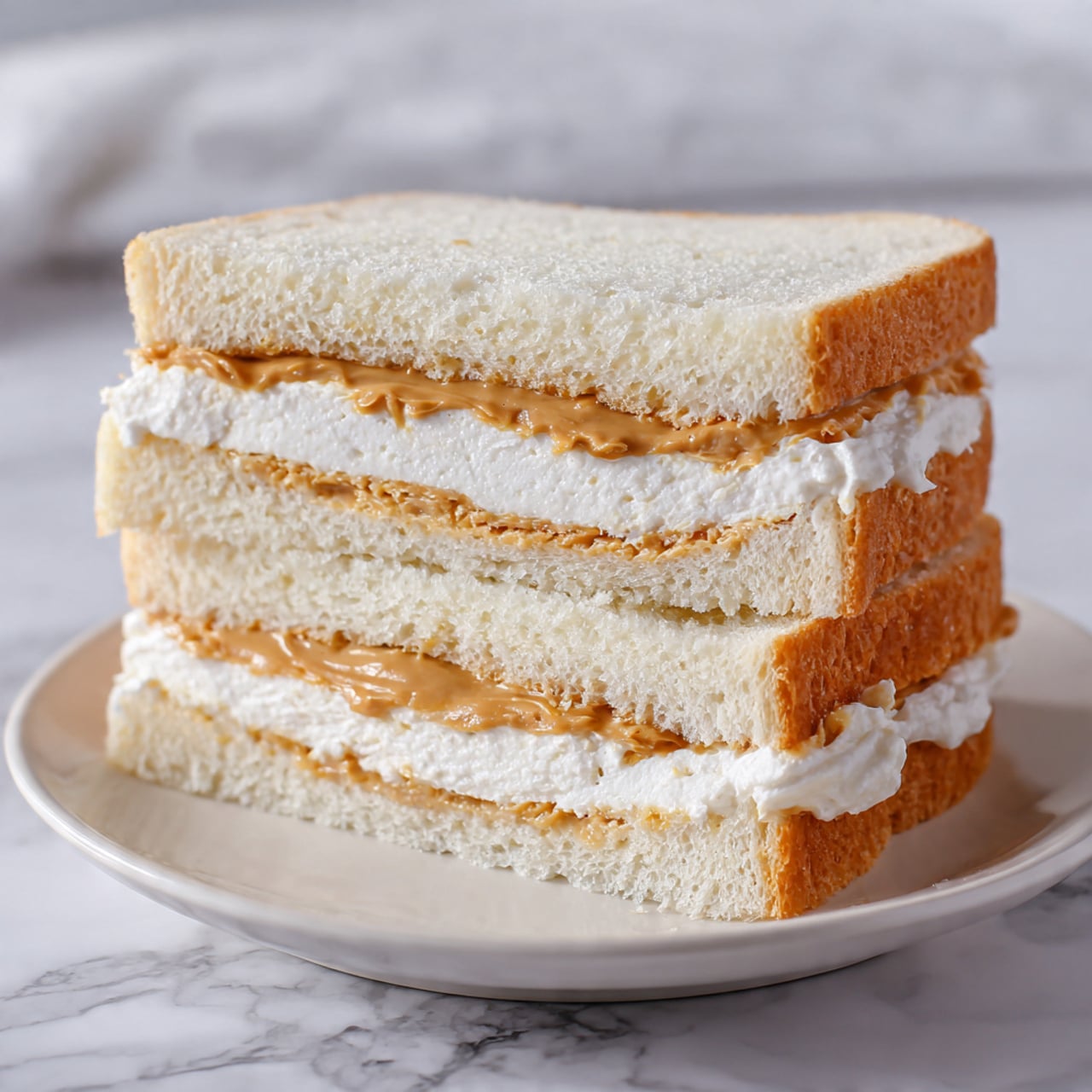 The image shows a close-up of two sandwich halves stacked on top of each other on a simple white plate. Each sandwich has three layers of soft white bread with a smooth, creamy white layer and a light brown peanut butter layer in between. The peanut butter looks creamy and slightly shiny, and the white layer is thick and fluffy, spread evenly across the bread slices. The background is a white marbled surface, and the scene is bright and clean. photo taken with an iphone --ar 4:5 --v 7