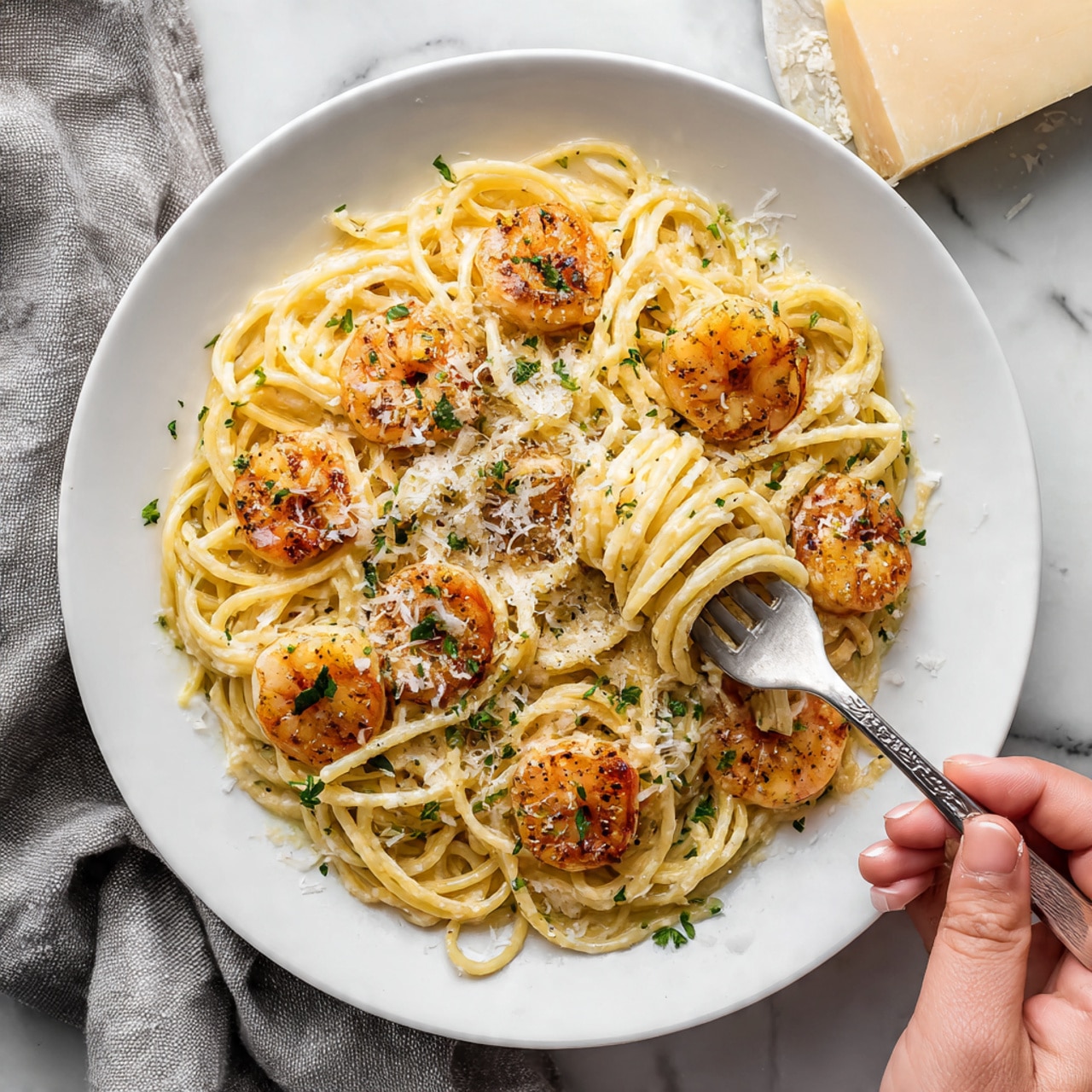 A white round plate filled with creamy pasta noodles twisted in the center, topped with golden cooked shrimp evenly spread across the noodles. Small bits of chopped green herbs are sprinkled on top, along with finely grated cheese adding a light dusting of white. The shrimp have a slight orange color with visible grill marks. The texture of the sauce looks smooth and creamy, coating the noodles well. The plate rests on a white marbled surface with a grey cloth partially visible on the side and a block of cheese in the background. A woman's hand is holding a metal fork twirling some pasta on the right edge of the plate. Photo taken with an iphone --ar 4:5 --v 7