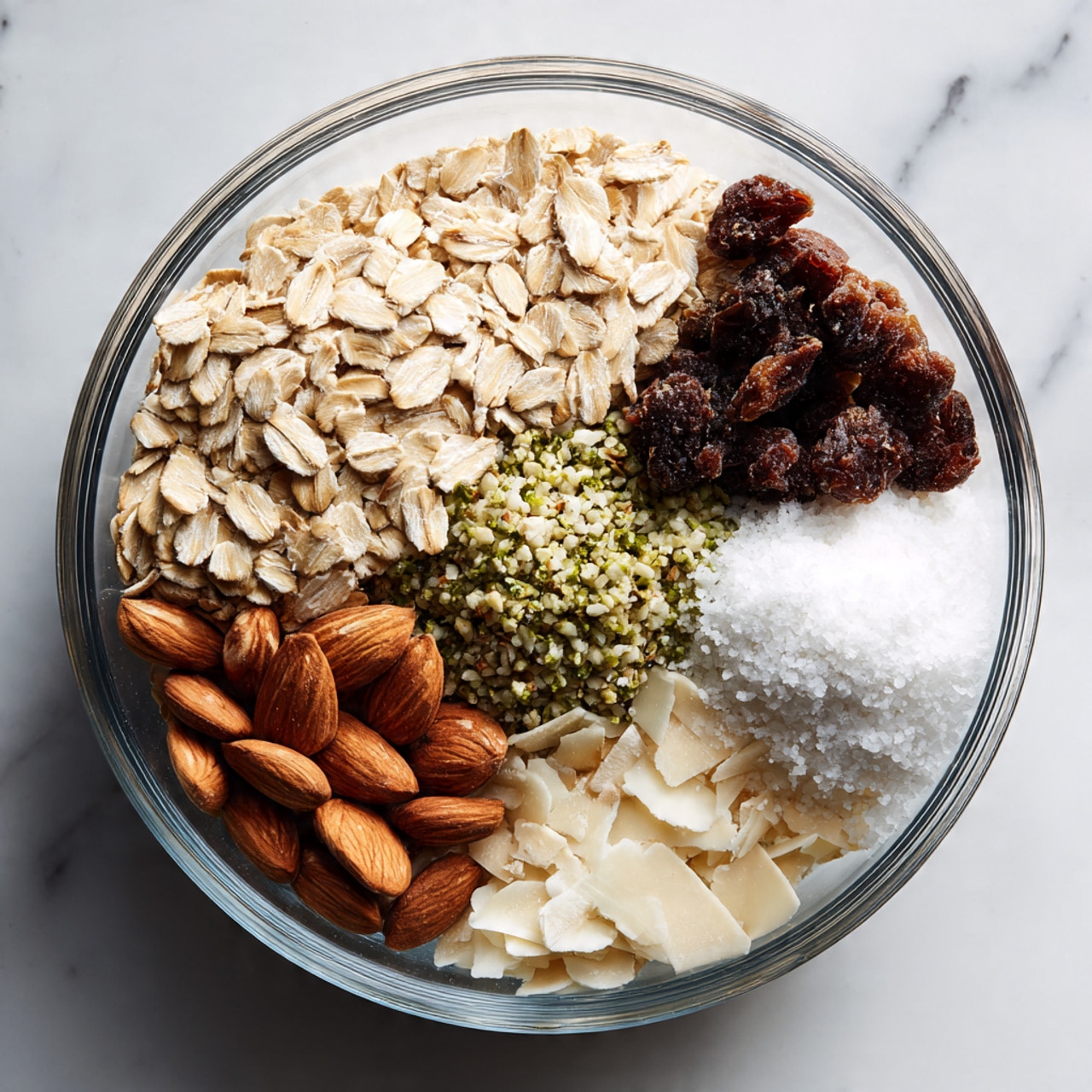 A transparent bowl with black stripes holds five different dry ingredients divided into sections: light beige rolled oats filling about one-third of the bowl on the left side, dark brown sliced almonds next to the oats, pale green hemp seeds beneath the almonds, small white flakes below the oats and almonds, and fine white granulated sugar in a small area next to the white flakes. The bowl is set on a white marbled texture surface. photo taken with an iphone --ar 4:5 --v 7