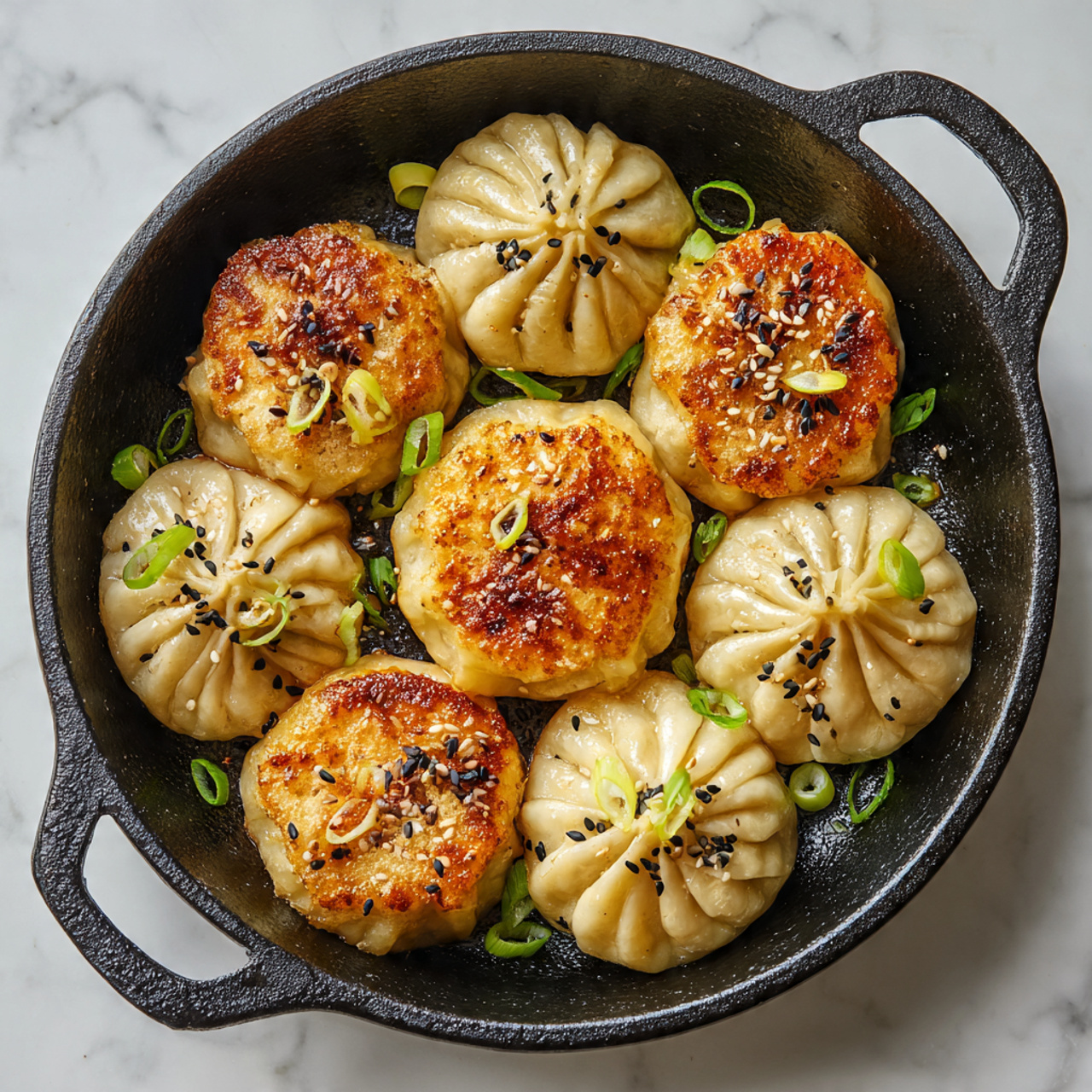 A black cast iron pan sits on a white marbled surface, filled with eight round dumplings arranged in a circular pattern. Seven dumplings have a light tan, smooth dough exterior with pleated tops, some sprinkled with black and white sesame seeds. The dumpling at the center is golden brown and crispy on the bottom, showing a slightly glossy, textured surface. Scattered small sliced green onions add a fresh green touch to the arrangement. photo taken with an iphone --ar 4:5 --v 7