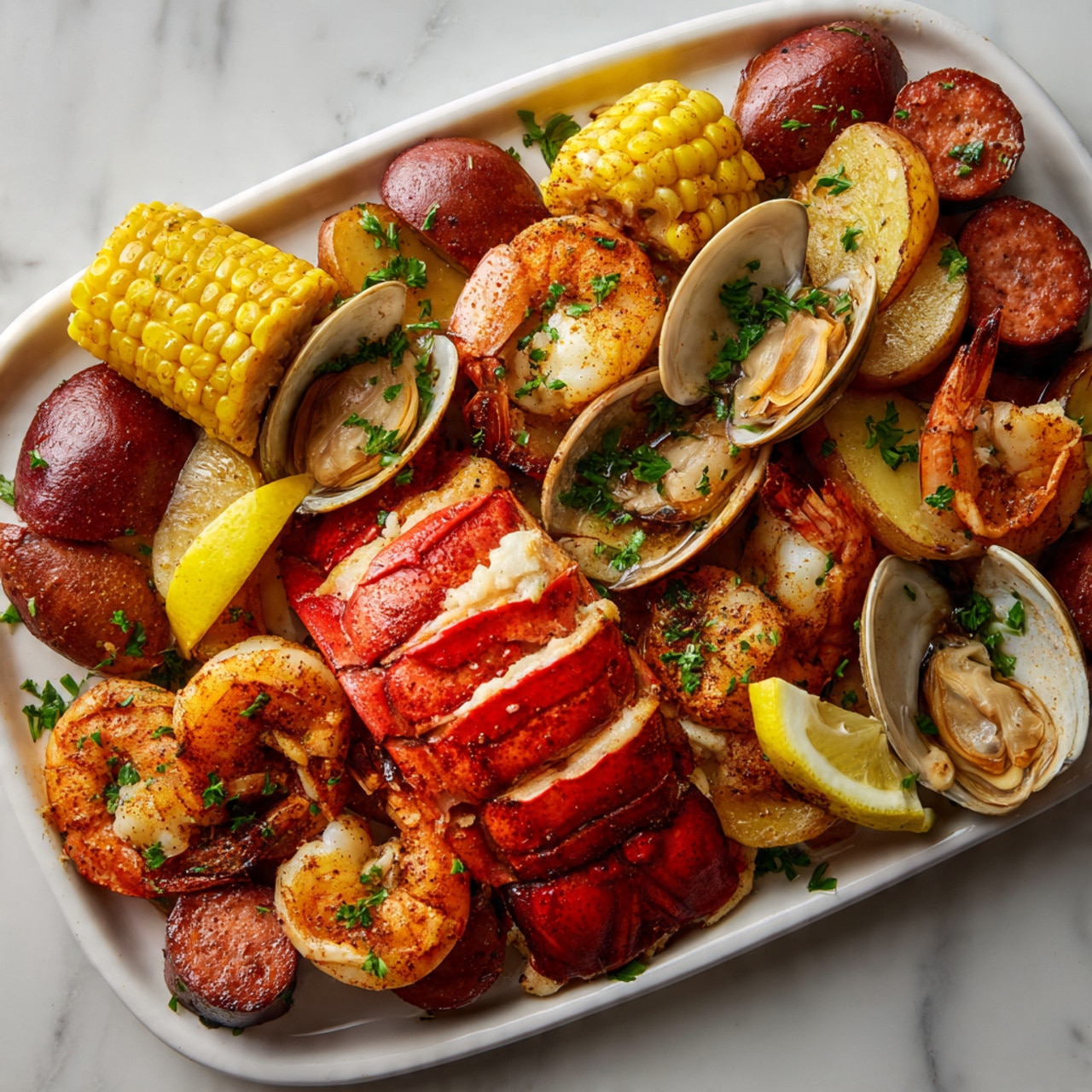A close-up top view of a seafood boil spread on a white marbled surface. The dish shows a bright red lobster tail sliced into even sections at the bottom center. Surrounding the lobster are orange-brown cooked shrimp with curled tails, some resting on slices of reddish-brown sausage and quartered red potatoes with soft beige insides. Pieces of golden grilled corn on the cob are scattered throughout. Whole clams with beige and brown shells, some open showing the meat inside, are also mixed in. Lightly grilled white onion wedges and lemon wedges with yellow rind and flesh add contrast on top. The food looks seasoned with spices and garnished with bits of green parsley. photo taken with an iphone --ar 4:5 --v 7