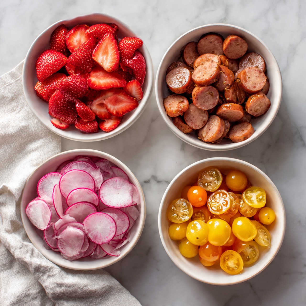 The image shows four white bowls placed on a white marbled surface. The top left bowl contains sliced strawberries with a fresh red color, while the top right bowl is filled with sliced cooked sausages that are brown and slightly shiny. The bottom left bowl holds thinly sliced pink and white radishes arranged evenly, and the bottom right bowl contains small, circular slices of yellow and orange kumquats layered neatly. A folded white cloth is partially visible in the bottom left corner. Photo taken with an iphone --ar 4:5 --v 7