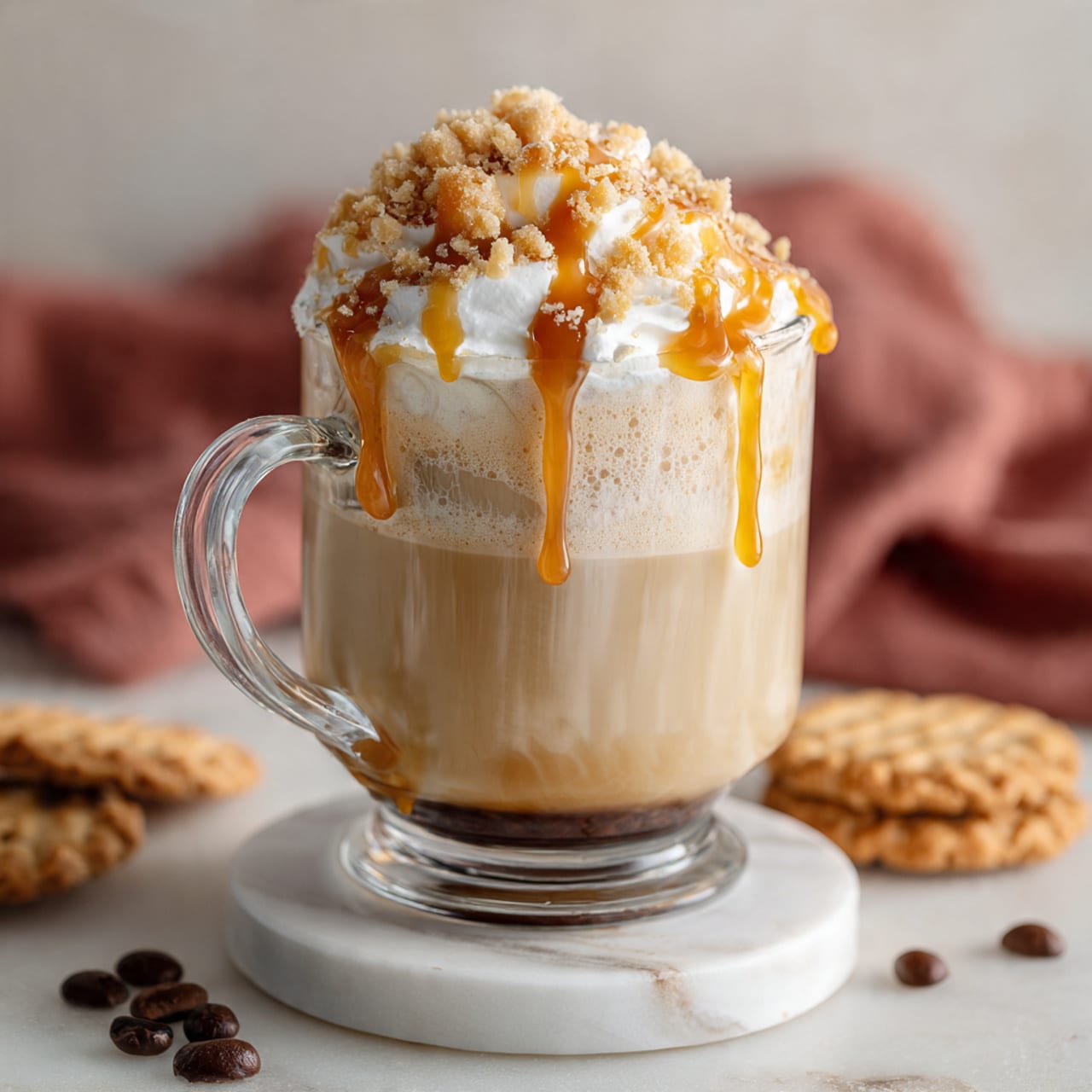 A clear glass mug filled with a light brown coffee drink sits on a white marbled coaster. The drink has three layers: the bottom is a creamy light brown coffee, the middle is frothy and foamy, and the top is piled high with white whipped cream. Golden caramel sauce is drizzled over the whipped cream, with some dripping down the sides of the mug, and crushed cookie crumbs are sprinkled on top. The mug is placed on a white marbled surface with coffee beans and caramel biscuits nearby, and a soft beige and red cloth is blurred in the background. Photo taken with an iphone --ar 4:5 --v 7
