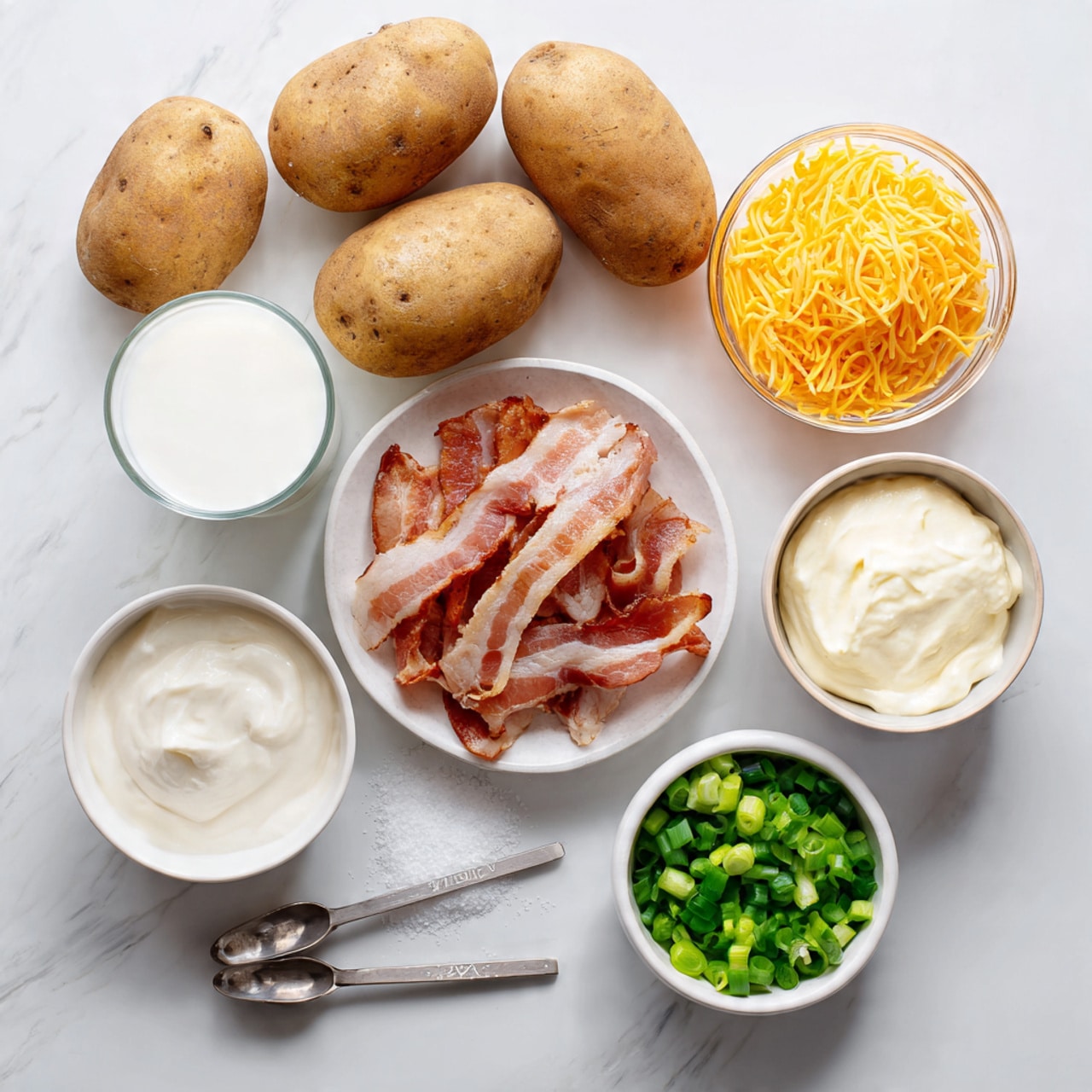 The image shows ingredients for a recipe neatly arranged on a white marbled surface. In the center, there is a small white bowl filled with thin slices of uncooked bacon. Around it, starting from the top left corner, there are five whole russet potatoes with a rough, brown skin. To the right of the potatoes, there is a small glass of milk. Below the milk, a small clear bowl holds shredded orange cheddar cheese. To the left of the cheese, there is a small white bowl filled with coarse salt. Below this salt bowl is a white bowl with creamy sour cream. In front of the sour cream bowl, two small metal measuring spoons are placed side by side. Lastly, there is a small white bowl filled with chopped green onions in the bottom center. Photo taken with an iphone --ar 4:5 --v 7
