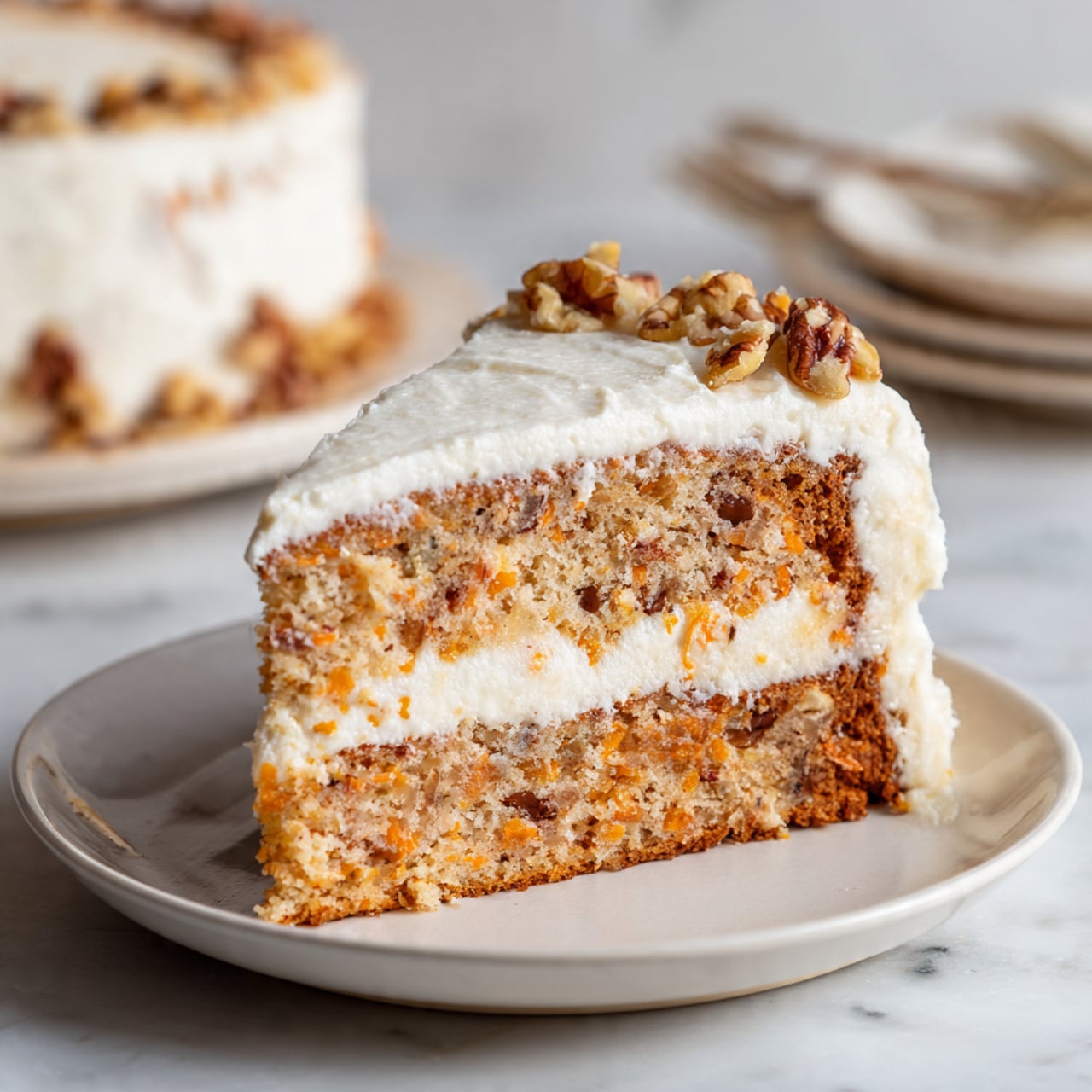 A single slice of two-layer cake sits on a white plate on a white marbled surface. The bottom and top layers are light brown with small pieces of nuts and orange bits inside. The cake is covered in thick white frosting, with bits of walnut pieces pressed into the frosting on the side of the slice. In the background, there is a blurred view of another slice of the same cake on a white plate. Photo taken with an iphone --ar 4:5 --v 7