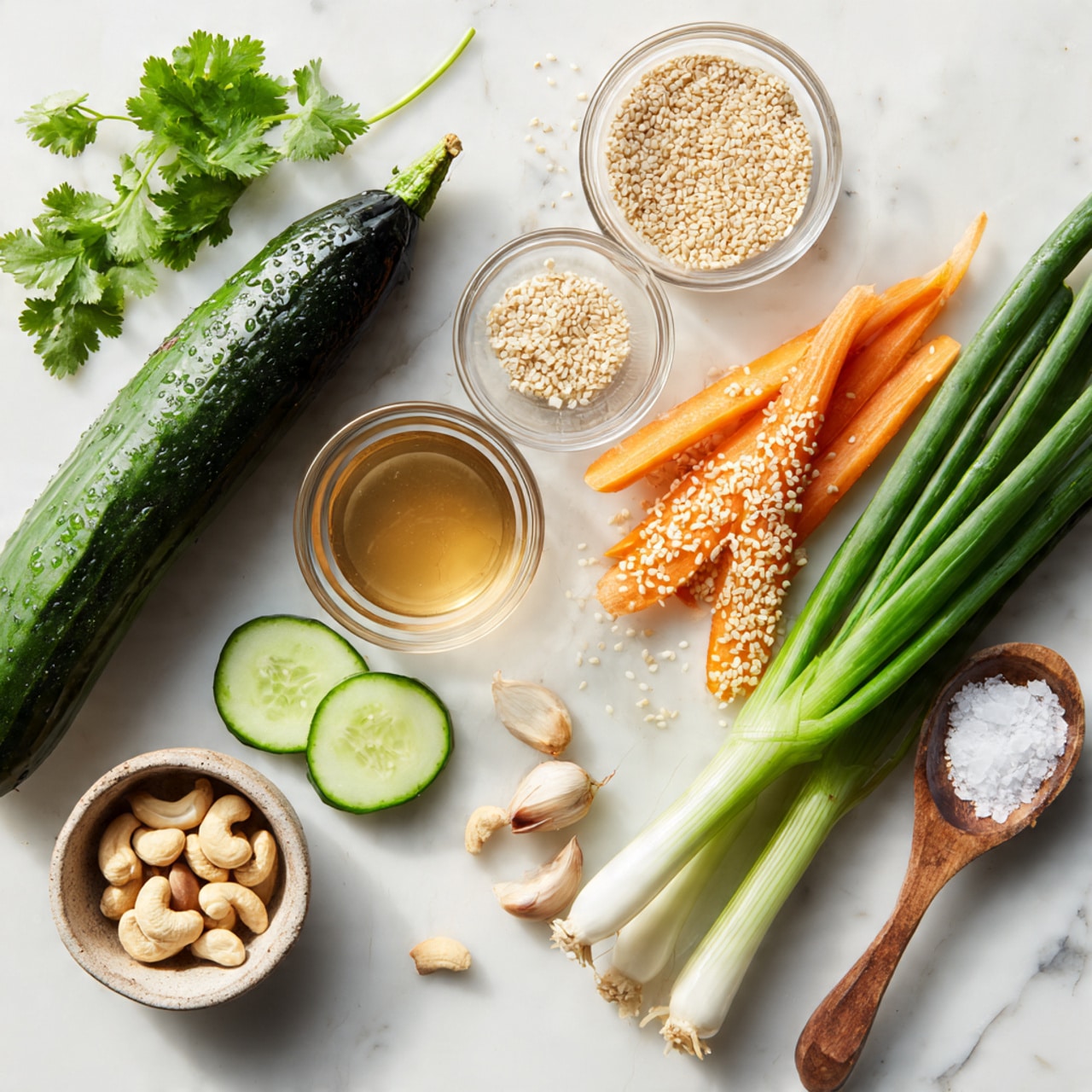 The image shows fresh cooking ingredients arranged neatly on a white marbled surface. There is one whole dark green cucumber near the center left, with three thin pale green cucumber slices below it. To the right of the whole cucumber, there are long, thin orange carrot strips sprinkled with white sesame seeds. Near these are three long green onions, lying diagonally with white bulbs at the bottom right. A small clear bowl with light brown liquid sits near the cucumber slices, next to two small glass bowls filled with sesame seeds above it. Fresh green cilantro leaves are in a clear bowl on the left, with a few loose leaves scattered around. A wooden spoon holding small nuts lies at the bottom left. Two garlic cloves and one cashew nut rest near the top right, next to a small bowl of coarse white salt. The clean arrangement and colors make the scene look fresh and ready for preparation. Photo taken with an iphone --ar 4:5 --v 7