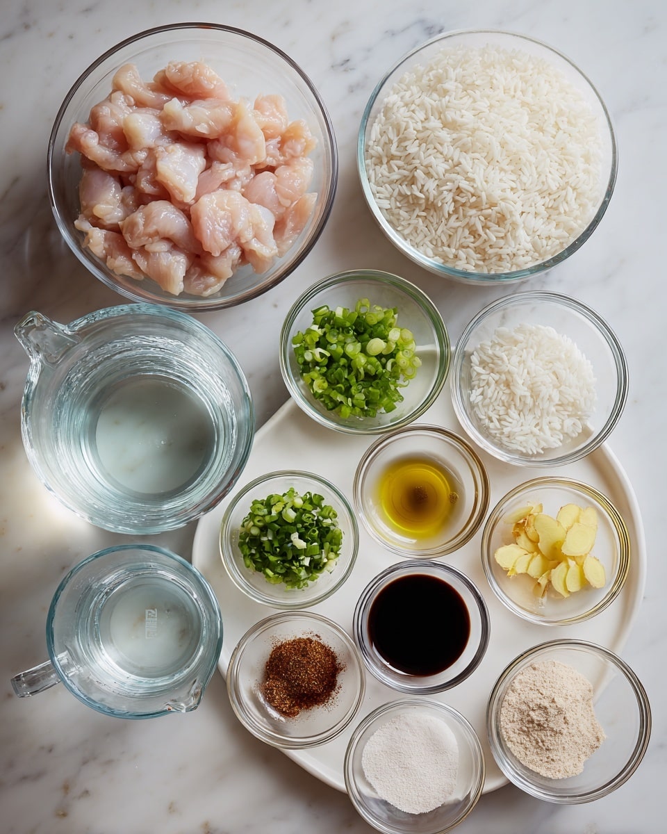 The image shows a white marbled surface with a collection of clear glass bowls and a measuring cup, each holding different ingredients. On the left side, there are two medium-sized bowls, one with raw light pink chicken strips and one with uncooked white rice. Below them is a glass measuring cup filled with clear water. On the right side, a large white plate holds nine small glass bowls arranged neatly; these contain chopped green onions, white powder, light brown powder, dark brown soy sauce, yellow sliced ginger, a small amount of green herbs, light golden oil, white salt, and pale beige powder. The items are all evenly spaced and visually organized. Photo taken with an iphone --ar 4:5 --v 7