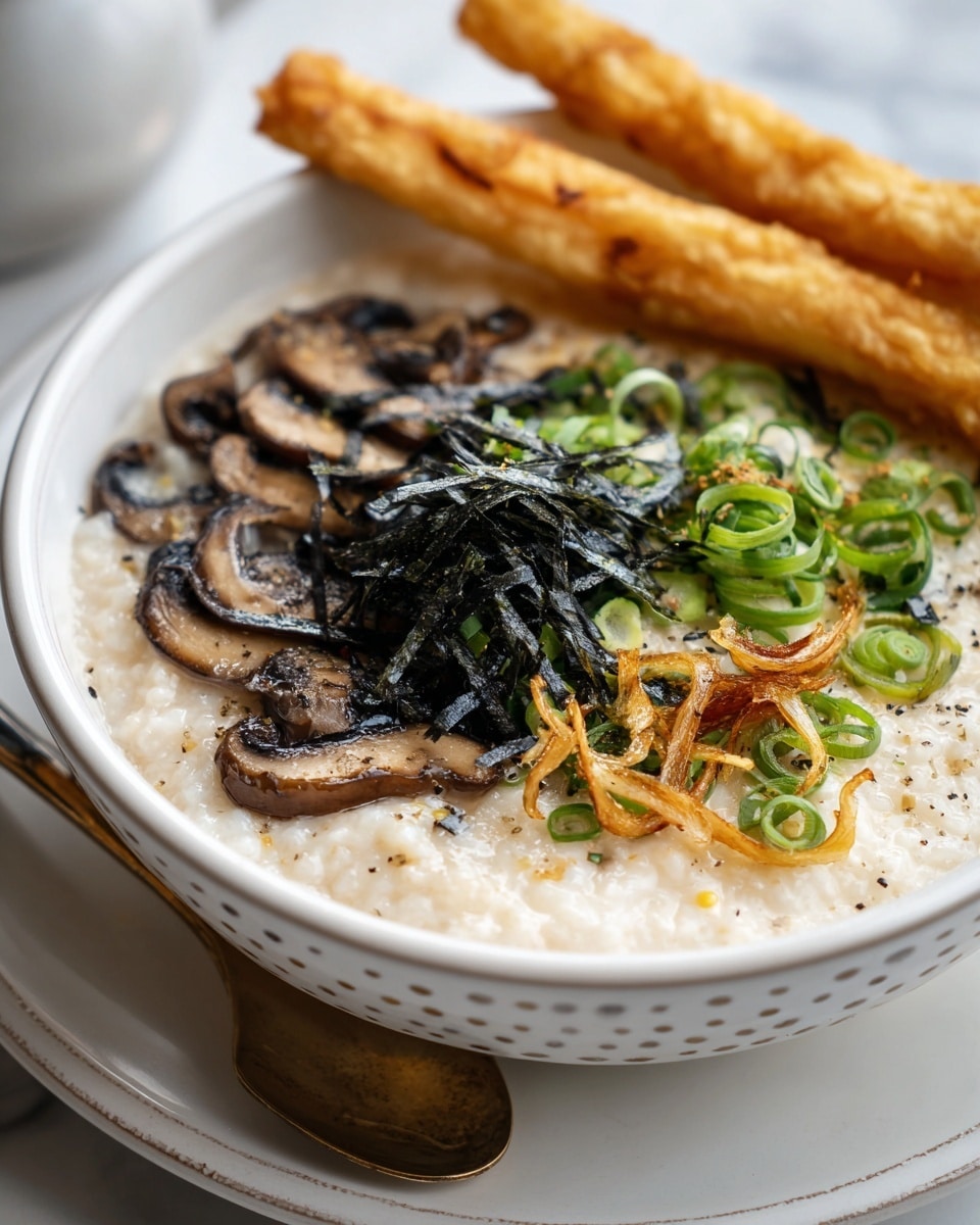 A close-up view of a bowl with three main layers: the bottom layer is creamy, pale beige porridge with a smooth yet slightly lumpy texture. On top, there are sliced dark brown mushrooms spread evenly. Above that, thin black seaweed strips are scattered, and bright green sliced scallions fan out on one side. Some golden fried garlic slices add a crunchy texture mix on top. The bowl is placed on a white plate with a dotted rim, holding two golden brown fried dough sticks on the right side. A white marbled surface is visible in the background. photo taken with an iphone --ar 4:5 --v 7