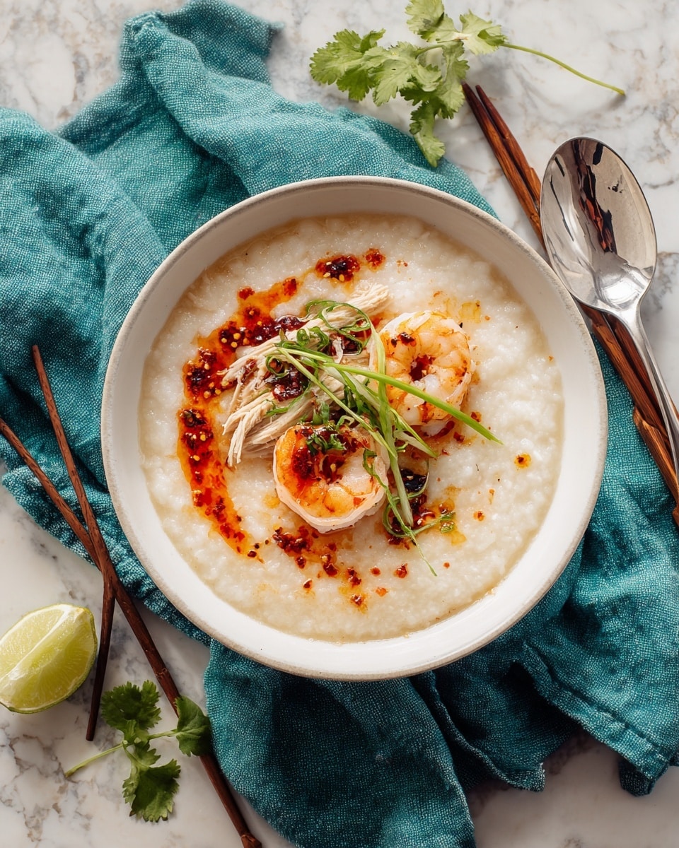 A white bowl filled with light beige rice porridge, smooth and slightly thick in texture. On top, two bright pink and white shrimp curl side by side near the center. To the left of the shrimp, there are two light brown shredded strips of chicken. Scattered around the porridge are small green herbs. A drizzle of red chili oil with dark chili flakes sweeps around half the bowl's edge. Thinly sliced green onion strips are placed next to the shrimp for garnish. The bowl sits on a turquoise cloth over a white marbled surface. To the right of the bowl, a shiny silver spoon rests beside light brown wooden chopsticks. A small wedge of lime and a sprig of fresh cilantro are nearby. photo taken with an iphone --ar 4:5 --v 7