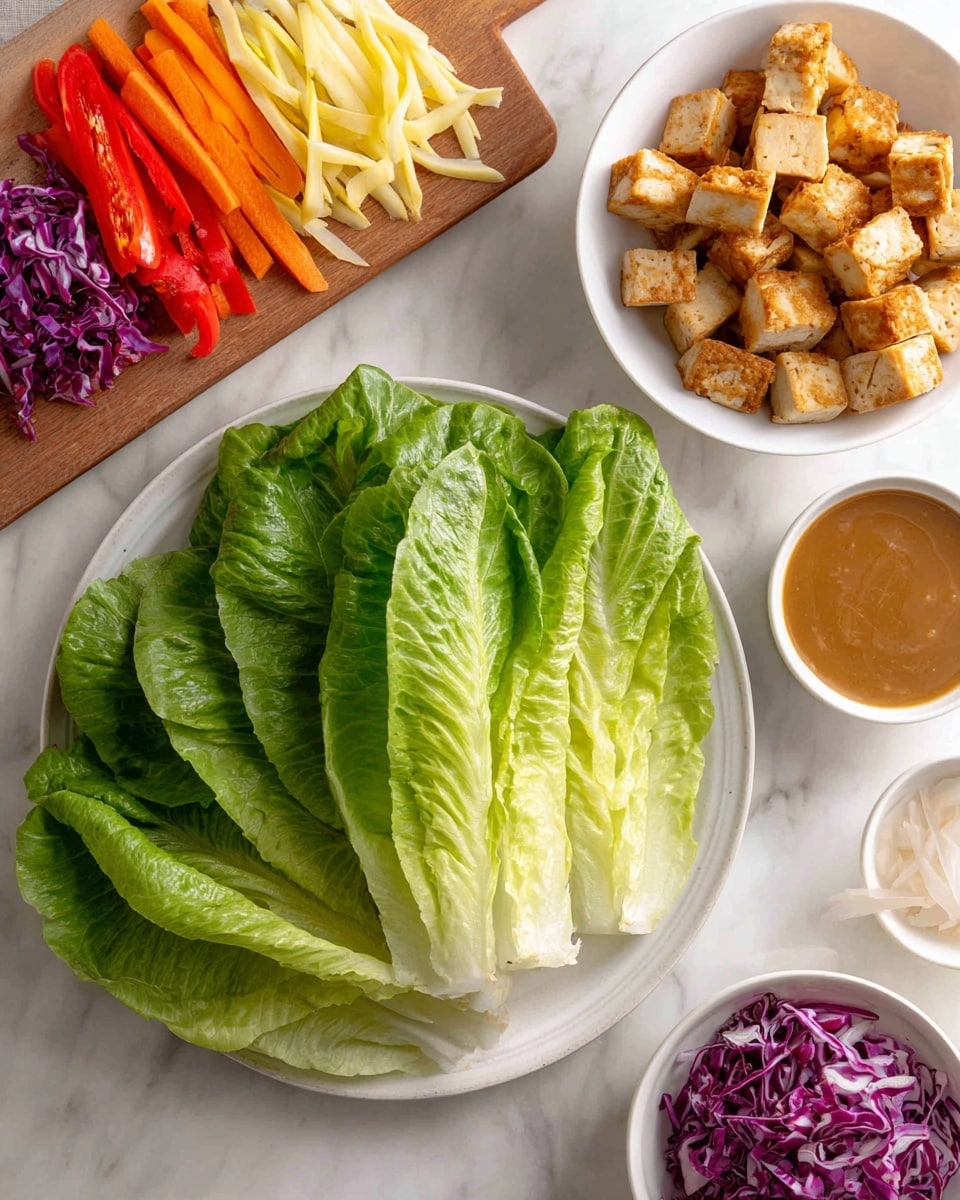 The image shows a white plate of fresh green leaf lettuce with large, crisp leaves fanning out from the center, placed on a white marbled surface. To the top right, there is a white bowl filled with golden-brown tofu cubes, looking slightly crispy on the edges. Next to it, another white bowl contains a smooth brown sauce. On the left side of the image, a wooden board holds small piles of thinly sliced vegetables: pale yellow strips, orange carrot sticks, red strips, and finely shredded purple cabbage arranged in neat rows. The overall scene is bright and clean, with the vegetables and tofu looking fresh and colorful photo taken with an iphone --ar 4:5 --v 7