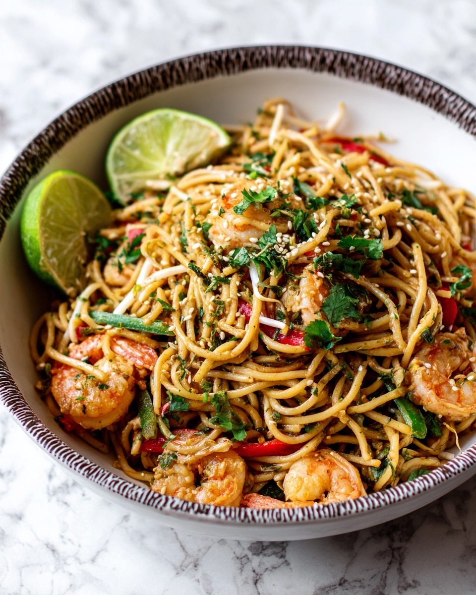 A bowl filled with a noodle dish featuring long, light brown noodles tangled with pieces of cooked shrimp that have a soft pink color with slight orange highlights. Mixed in are bright green strips, red bell pepper slices, and white bean sprouts. Small green herb leaves, likely cilantro, are sprinkled on top along with a few light-colored sesame seeds. In the background, there is a lime cut in half, showing bright green inner flesh. The bowl is white with a rough dark brown patterned rim and it sits on a surface with a white marbled texture. Photo taken with an iphone --ar 4:5 --v 7