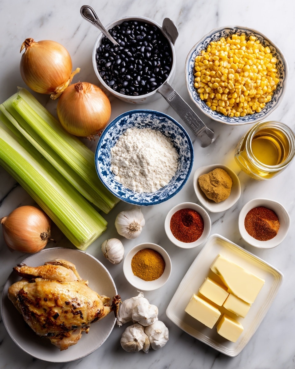 A white bowl filled with bright yellow corn kernels is in the center. Just above it, there is a cooked chicken piece with browned skin. To the left side, there are long green celery sticks and a glazed red bell pepper. Scattered near them are several garlic cloves and a whole garlic bulb. Above the chicken, a metal measuring cup is full of shiny black beans. Near the beans, a blue and white patterned bowl holds white flour with a spoon inside. Near the bottom right, a white tray holds some squares of pale yellow butter and small bowls of different spices in red, orange, and golden brown colors. To the right of the flour bowl, a jar contains a light golden liquid, and near it are two round yellow onions. Everything is placed on a white marbled surface photo taken with an iphone --ar 4:5 --v 7