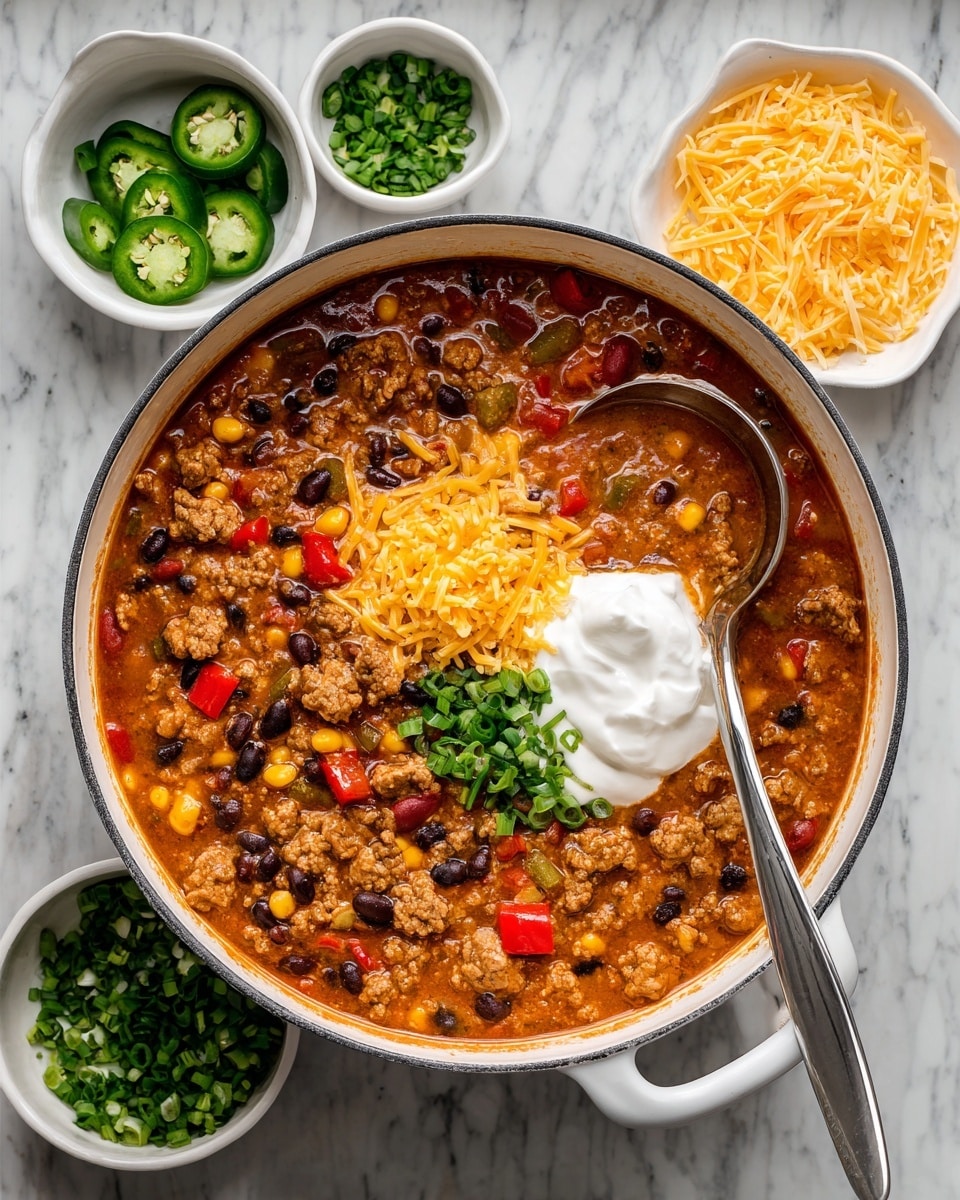 A large white pot filled with a thick, orange-brown stew that contains black beans, corn, red bell peppers, and chunks of cooked meat. On top of the stew, there is a dollop of white sour cream, a small pile of yellow shredded cheddar cheese, and a sprinkle of chopped green onions. A silver ladle rests inside the pot, partially covered by the stew. Around the pot, there are small white bowls with sliced green jalapeños, more shredded cheddar cheese, and additional chopped green onions. The whole scene is set on a white marbled surface. Photo taken with an iphone --ar 4:5 --v 7