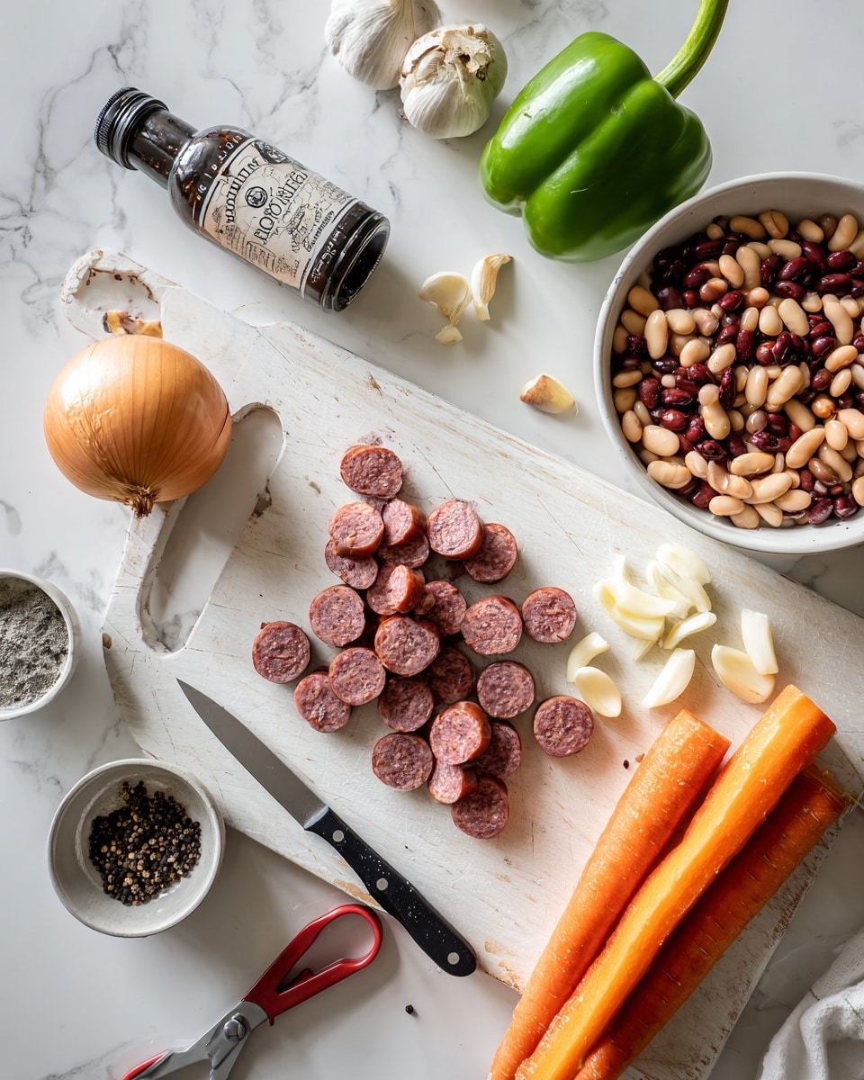 The image shows a white cutting board on a white marbled surface with two large brown smoked sausages sliced into small round pieces spread on it, along with a knife with a black handle near the sausages. On the right side, two long orange carrots lie side by side, and several peeled garlic cloves are scattered nearby. To the top right, there is a white bowl filled with mixed light brown and reddish beans. At the top center is a large green bell pepper, a whole yellow onion with its dry stem, and some garlic cloves next to it. There is also a bottle of Worcestershire sauce, a small bowl with ground black pepper, and red scissors near the pepper. A silver garlic press lies near the bottom left corner of the cutting board. The scene is bright and clean. photo taken with an iphone --ar 4:5 --v 7