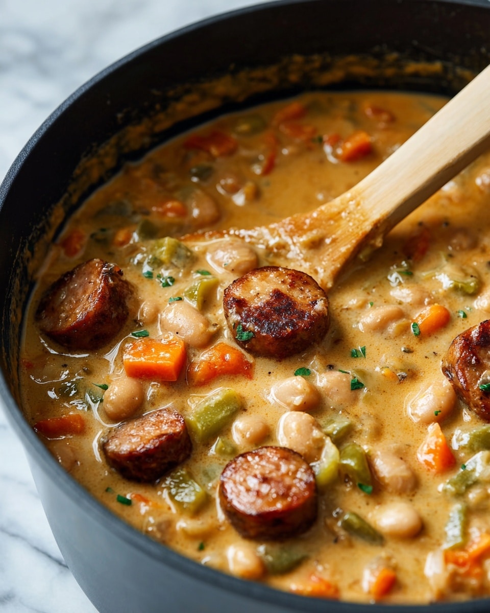 A close-up view inside a black pot shows a thick stew with visible slices of browned sausage floating on the top layer. The stew has a creamy, light brown base with a mix of small, soft white beans, diced orange carrots, and green bell pepper chunks spread throughout. A wooden spoon is partially stirred into the stew, its color light yellow, and the edge resting on the pot slightly covered in the stew. The background is a white marbled texture. photo taken with an iphone --ar 4:5 --v 7