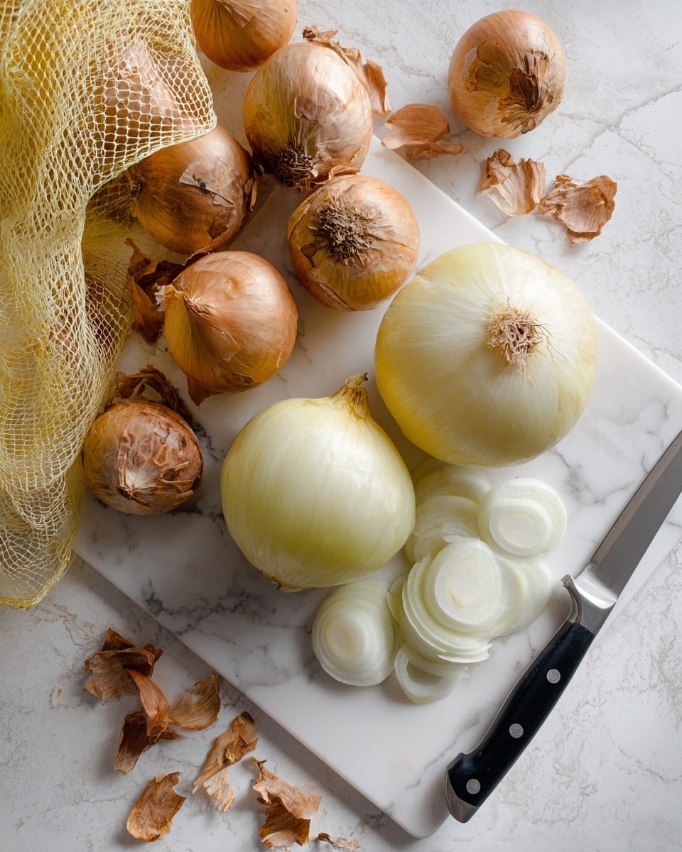 French Onion Soup Recipe 4 A white cutting board is placed on a white marbled surface, with two whole peeled onions that are light yellow in color, one large onion and several sliced onion pieces arranged in the bottom right corner. A knife with a black handle and silver blade is lying diagonally on the cutting board near the onions. Around the cutting board, there are several brown onions with dry skins, some still inside a yellow mesh bag, and others loose, along with scattered brown onion skins. The colors mainly include light yellow, brown, white, and silver, creating a simple kitchen scene. Photo taken with an iphone --ar 4:5 --v 7