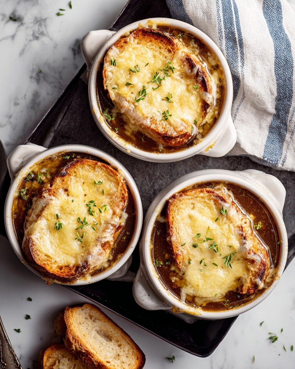 French Onion Soup Recipe 5 Three white bowls filled with French onion soup sit on a white marbled surface with a white and blue cloth nearby. Each bowl has a rich dark brown broth as the bottom layer, topped with golden toasted bread slices that are partly soaked in the soup. The top layer is a thick, melted pale yellow cheese covering the bread and slightly overflowing the edge of the bowls, with small green herb sprigs sprinkled on top. The arrangement shows the bowls slightly overlapping each other inside a black tray. Photo taken with an iphone --ar 4:5 --v 7