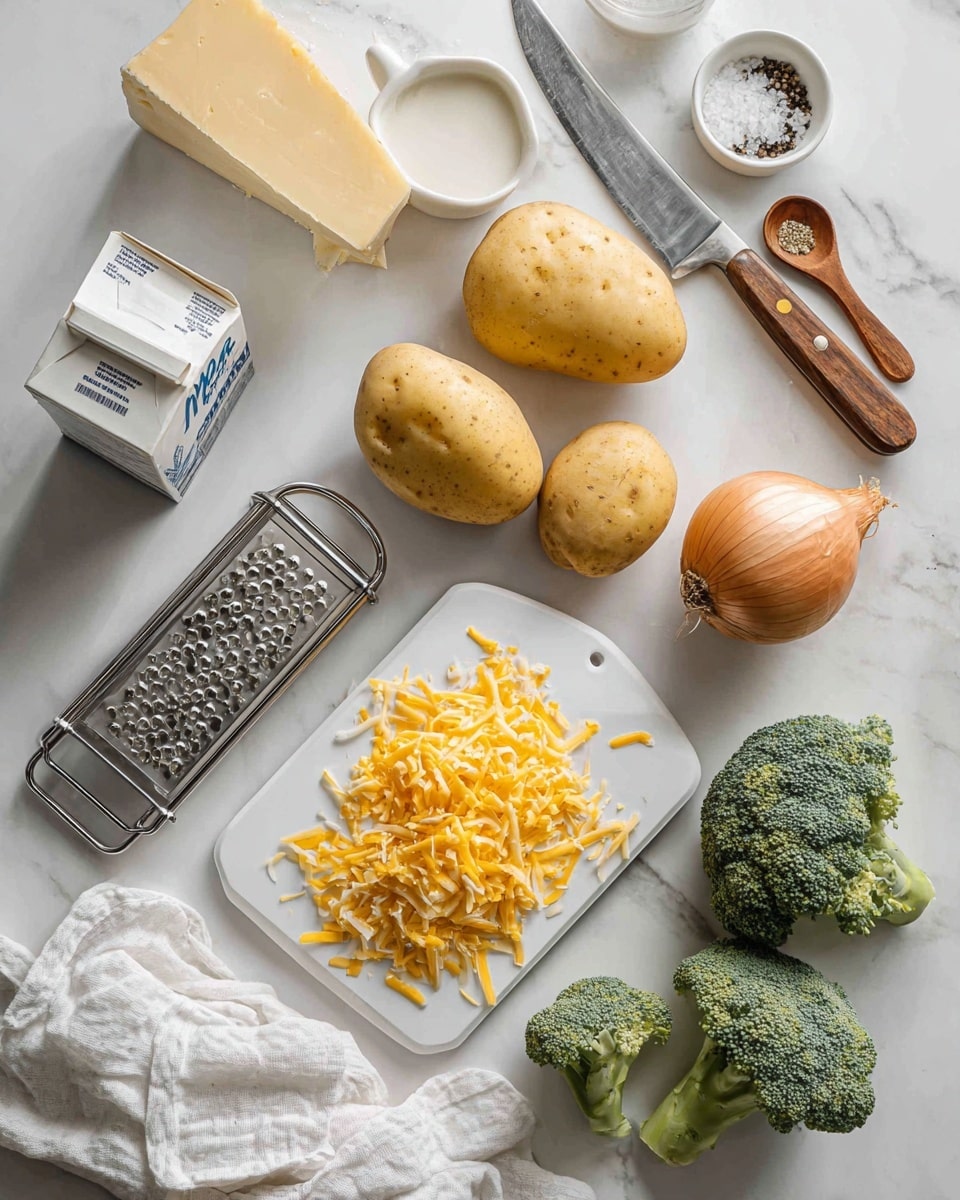 The image shows a white marbled surface with various ingredients spread out for cooking. There are three whole yellow potatoes near the top center, a whole onion positioned slightly to the right, and pieces of broccoli scattered on and near a white chopping board in the lower right area. On the left side of the chopping board, a pile of shredded orange cheddar cheese sits beside a metal cheese grater with some cheese inside it. A pack of medium cheddar cheese and a carton of milk are placed in the upper left corner. Near the top right of the chopping board, a large knife rests on the surface. Two small white bowls containing salt and pepper with wooden spoons are in the top right corner. White kitchen towels are visible on the bottom left and near the broccoli on the right. Photo taken with an iphone --ar 4:5 --v 7
