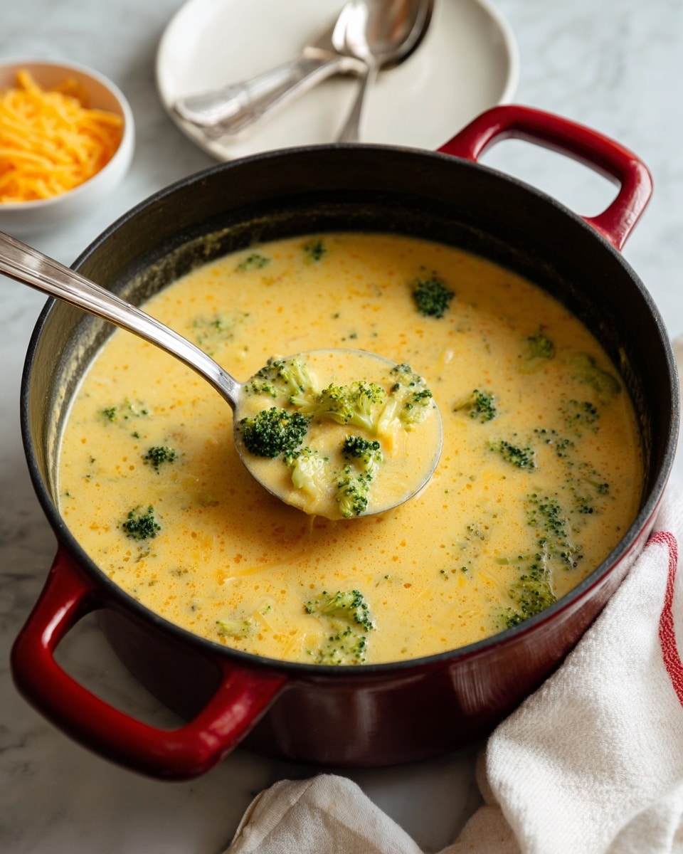 A large black pot with red handles holds creamy yellow soup with visible green broccoli pieces floating evenly throughout. A silver ladle dips into the thick soup, scooping up broccoli and some creamy broth. The pot is set on a white marbled surface. Next to the pot, a white towel with a red stripe is loosely folded, and in the background, there is a white plate with two silver spoons resting on it, partly visible. Cheddar cheese shreds are seen in a small white bowl to the left. The overall look is warm and inviting with soft natural light. photo taken with an iphone --ar 4:5 --v 7